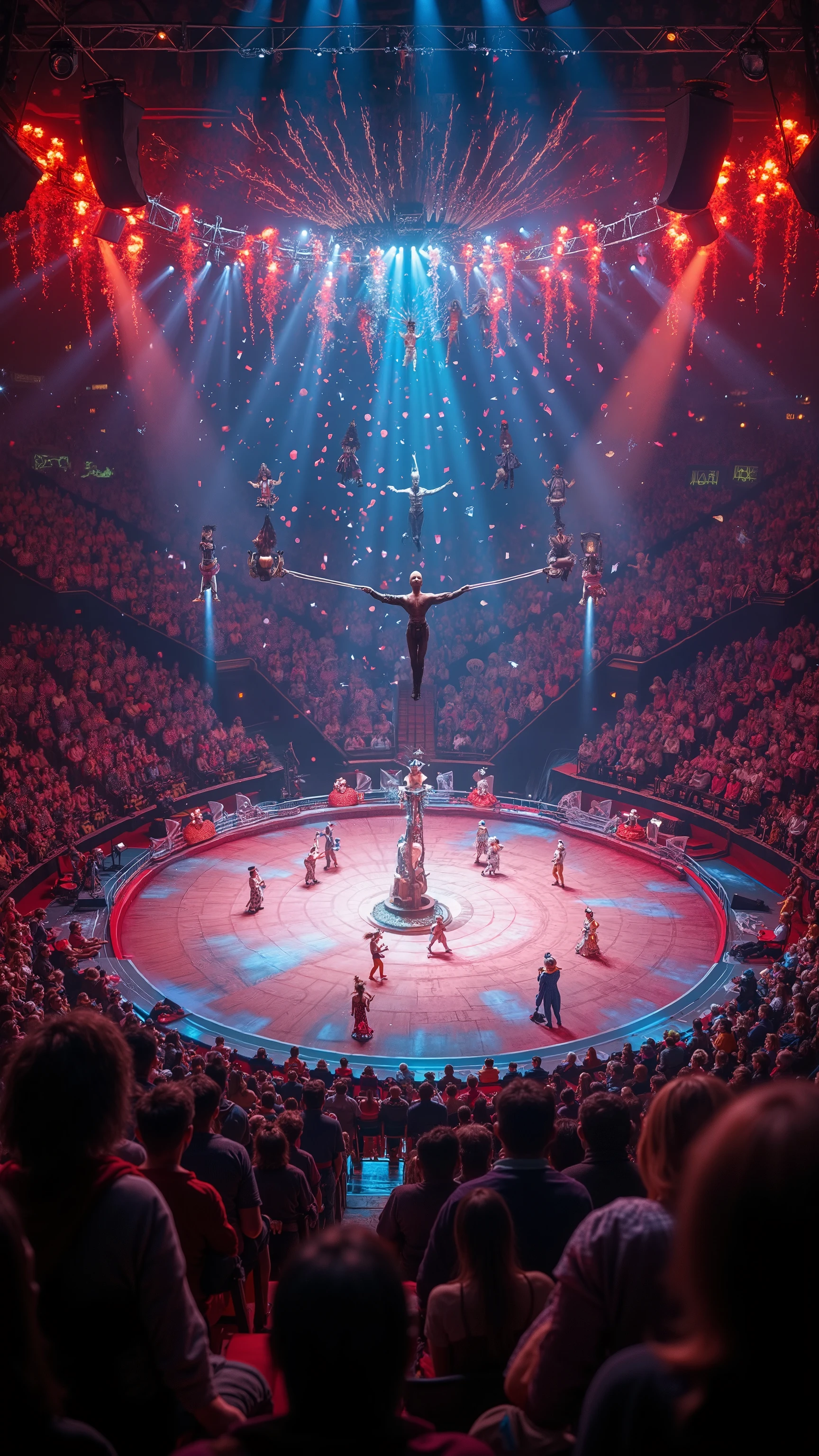 photo of Bolshoi Circus. view of circus from above. very colorful photograph. In the foreground are trapeze show. At ground stage is clown's juggling show. Many people are in the audience seat happily watching the circus. detailed, realistic. many colorful confetti and spotlights and fireworks.