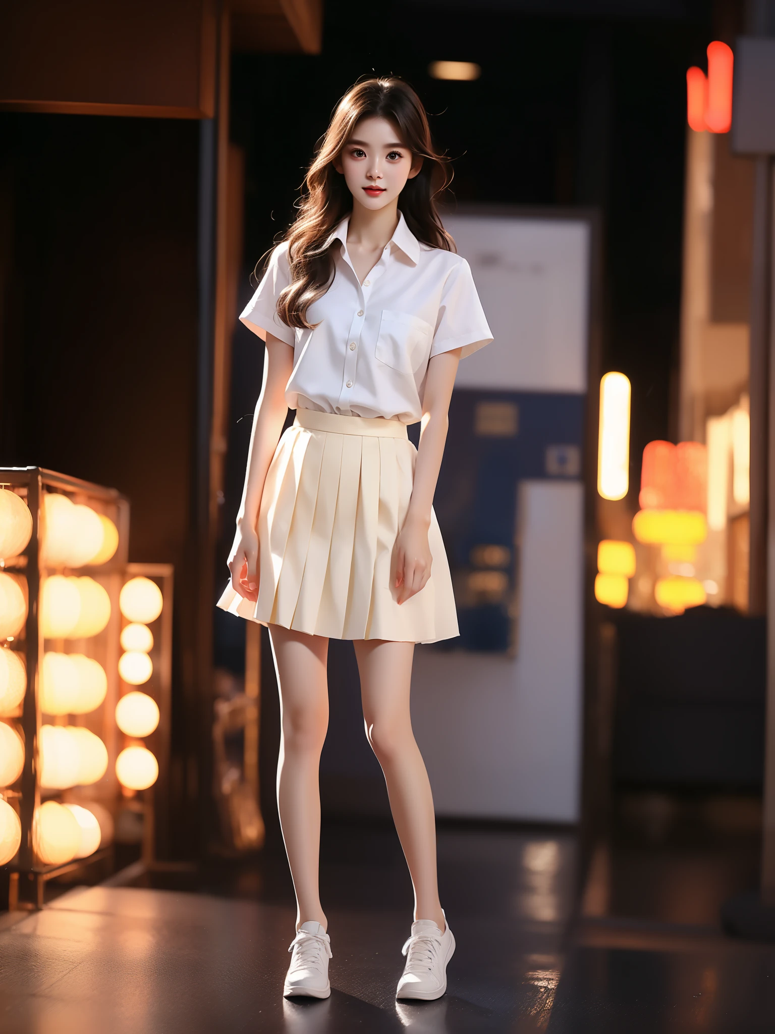 xiaofu, school uniform,collared shirt, pleated skirt, , (Asian beauty), ((full body)), ((Natural and elegant posture)), (night, starry sky, space scene), (slim athletic figure: 1.1), (visible cleavage: 0.8), (smooth skin, no deformities: 1.2), nvshen, relaxed posture, Sexy long legs, The hemlines are short, head tilted, charming smile, hands gently lifted hemline, long shaggy hair flowing, delicate features: (large bright eyes, long eyelashes: 1.1), mouth slightly upturned, expression gentle and confident, (fidelity: 1.1) 1.2), high detail, soft lighting, warm tones