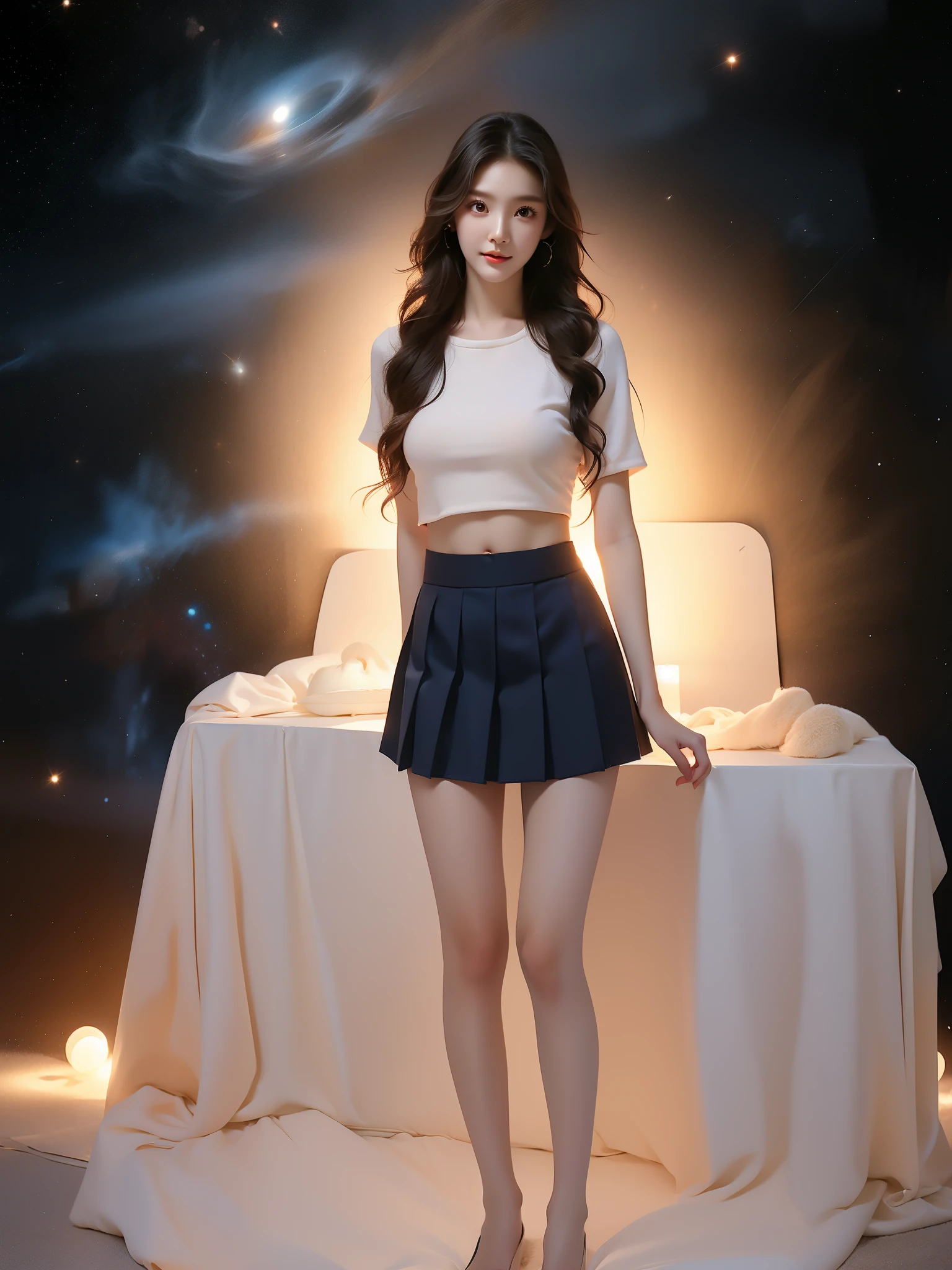 qingquxiaofu
school uniform, serafuku, crop top, pleated skirt,miniskirt,, (Asian beauty), ((full body)), ((Natural and elegant posture)), (night, starry sky, space scene), (slim athletic figure: 1.1), (visible cleavage: 0.8), (smooth skin, no deformities: 1.2), nvshen, relaxed posture, Sexy long legs, The hemlines are short, head tilted, charming smile, hands gently lifted hemline, long shaggy hair flowing, delicate features: (large bright eyes, long eyelashes: 1.1), mouth slightly upturned, expression gentle and confident, (fidelity: 1.1) 1.2), high detail, soft lighting, warm tones