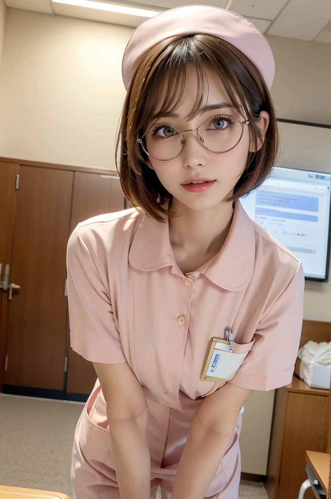 (8k, RAW photo, best quality, masterpiece, ultra detailed, beautiful:1.2), (realistic, photo-realistic:1.5), sharp focus, depth of field, blur background, bokeh, soft light, close up,
1 Japanese idol with fake glasses, 18 years old, (extremely detailed face, extremely detailed brown eyes with highlight), random stylish fake glasses, (detailed deep black hair), (detailed pale skin, skin texture), naughty smile, blush, sweat, from below, looking at viewer, (nurse, pale pink nurse uniform: 1.2), (leaning forward, spread legs, panty lift: 1.2), big breasts, taking off clothes, sexy pose, sexy body, hospital