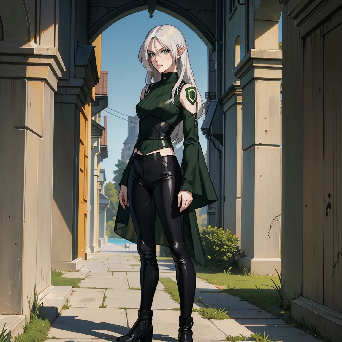 

((green eyes)). 1girl, solo, teenager, white hair, ((green eyes)), full body, pants, long sleeves, pointed ears. ((black clothes))