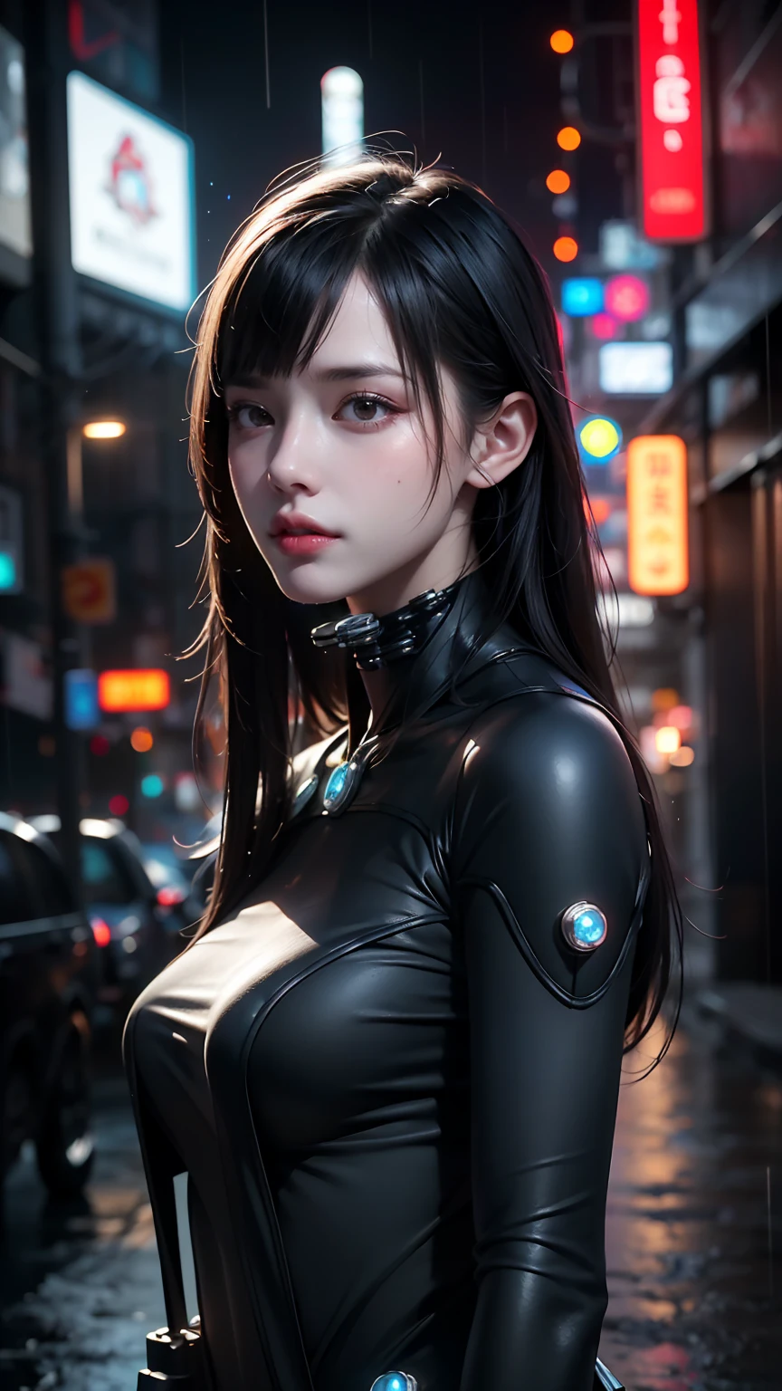 a cyberpunk girl in a rainy city, detailed mechanical body, glowing neon lights, cybernetic implants, rain droplets, cinematic atmosphere, hyper-realistic, 8k, intricate details, volumetric lighting, moody color palette, dramatic shadows, cinematic framing, photorealistic, award-winning cg art