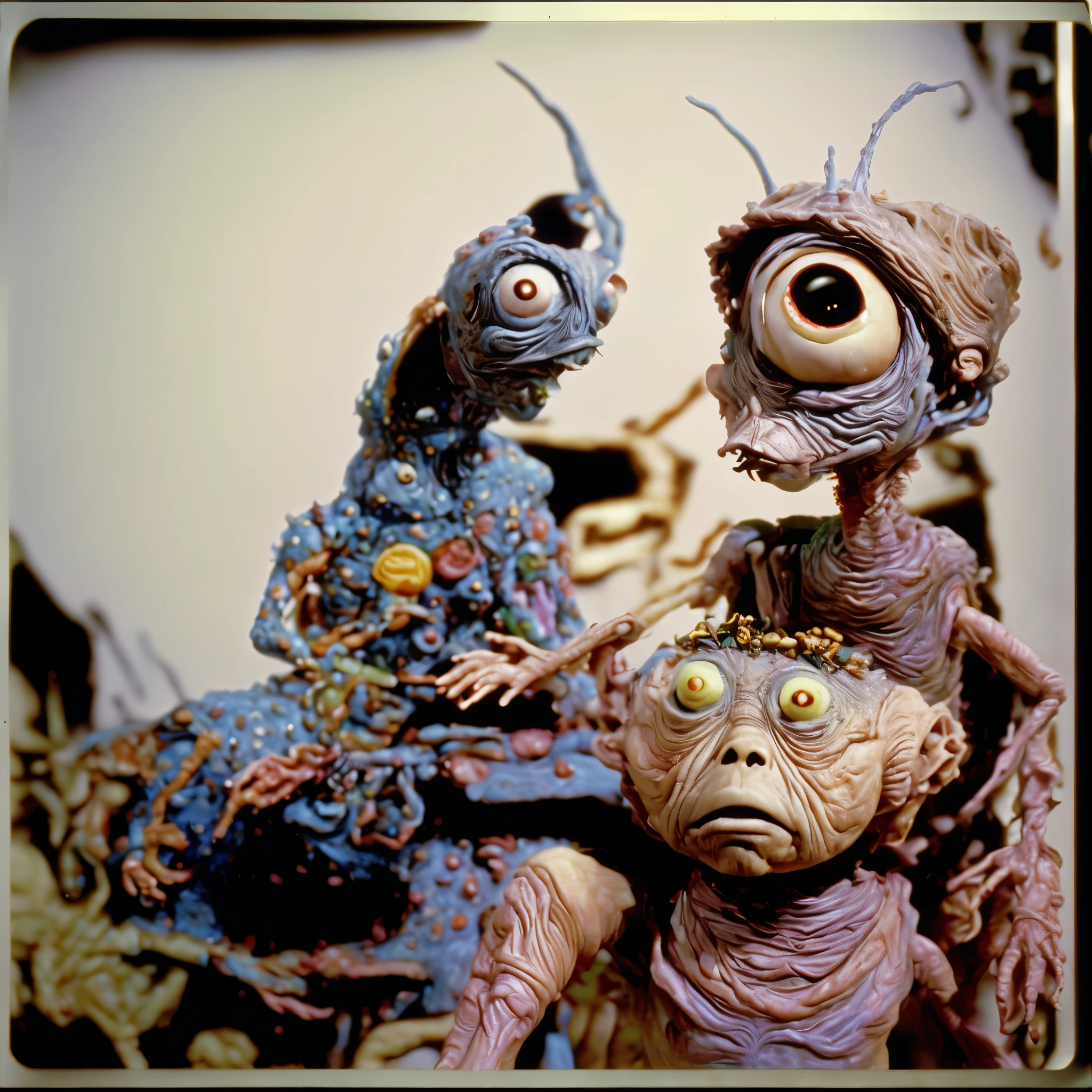 Loab,,, this sculpture of a woman, stop motion character, stop - motion, weird art piece, dough sculpture, abstract claymation, stop motion, weird, claymation character, crazy, realistic cloth puppet, 3 heads, puppets, brighten up the color. Super saturated color even! stunning, amazing art,awe inspiring art, insanity inducing,strange, freaky,wierd,crazy,bizarre. Loab... Make this image even more weird,bizarre,and crazy looking! Use this image to create a whole portfolio of images that the world would find unnerving, unsettling, and fascinating! The more shocking, gore filled and explicit, the better!