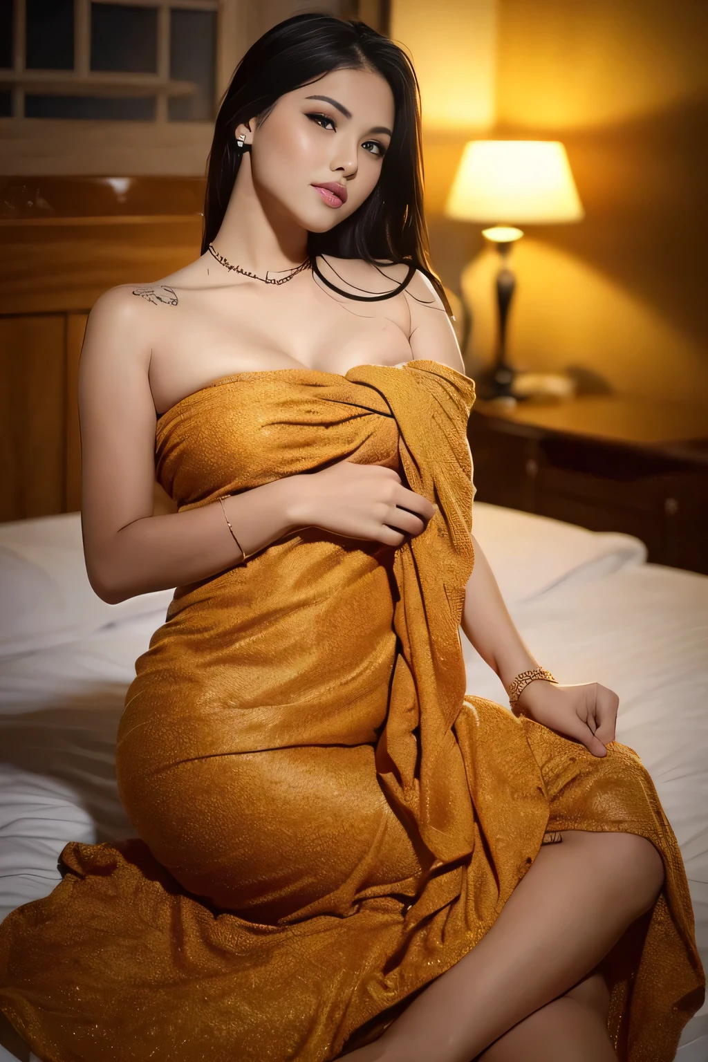 2 beautiful girl with detailed tattoos on her body, burst smile,happy, wearing a green sarong dress, beautiful detailed eyes, , cute girl, large breasts, earrings, a woman laying on bed, spread knees,(( exposing her public hair)), inviting intimate pose, high quality, photorealistic, detailed anatomy, masterpiece, 8k, realistic, hyperdetailed, cinematic lighting, dramatic lighting, natural skin tones, vivid colors, warm color palette