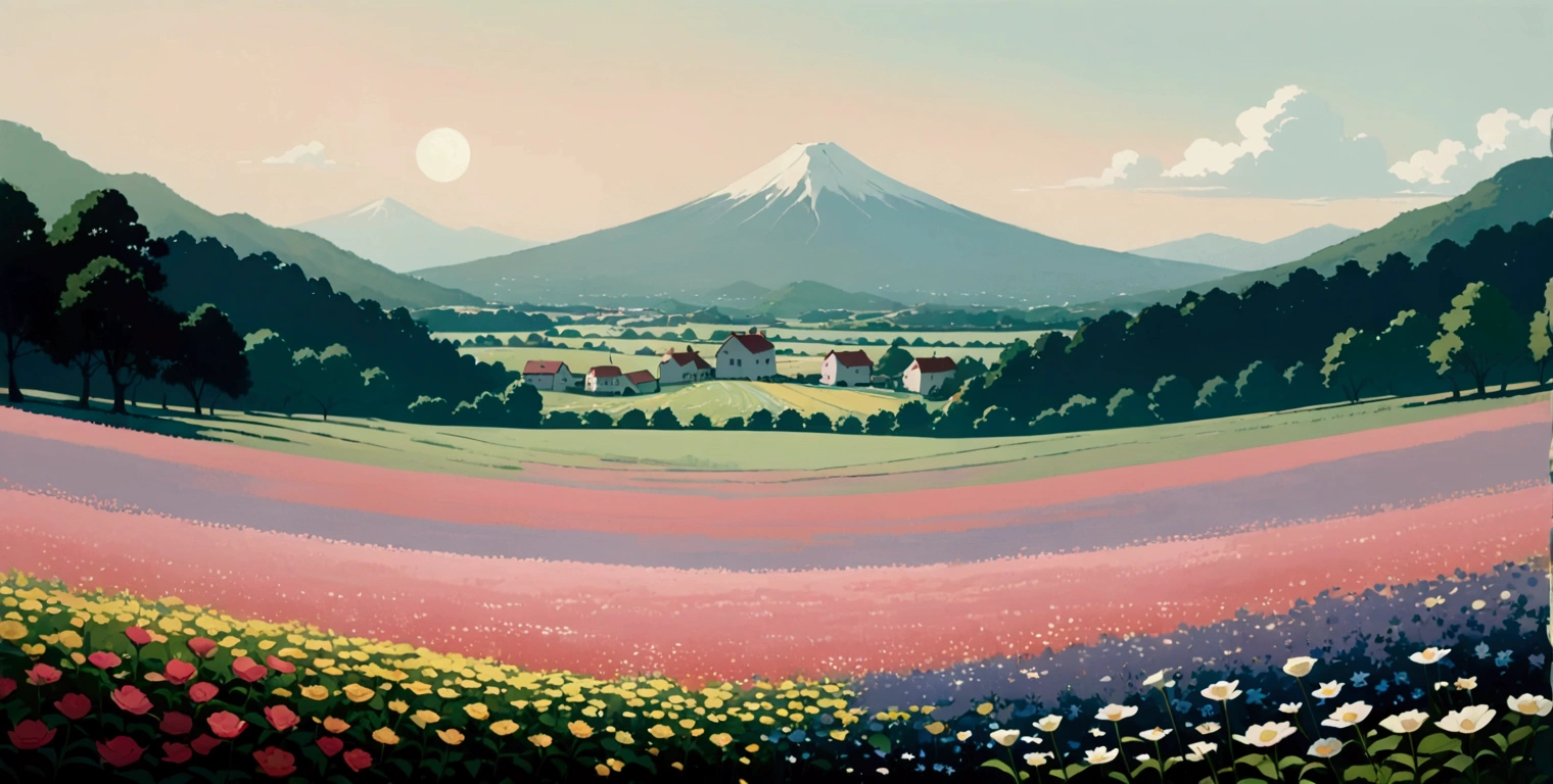 (minimalism:1.4), Lofi anime style, Studio Ghibli art, Miyazaki ,pastel , cute ,minimalist , SPIRITED AWAY From Hayao Miyazak ,No one is there , No people , Landscape , Flower field