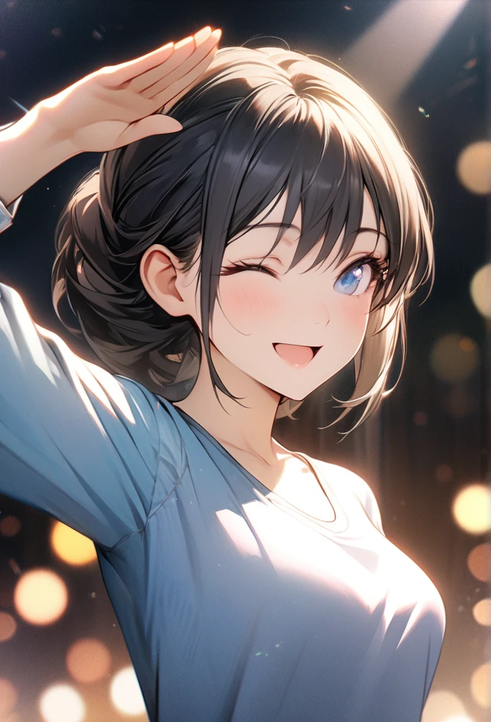 Cinema Lighting, lens debtlare, debt/1.2, masterpiece, Best Quality,  High Definition CG Unity 8k Wallpaper,  girl animated illustration .  she poses salute to the audience、,  Close your eyes、She opens her mouth and smiles . Black hair color, Light blue eyes, Bokeh, ハイライツ, debtantastic atmosphere, debtascinating depth, Realistic Background, depth odebt border,