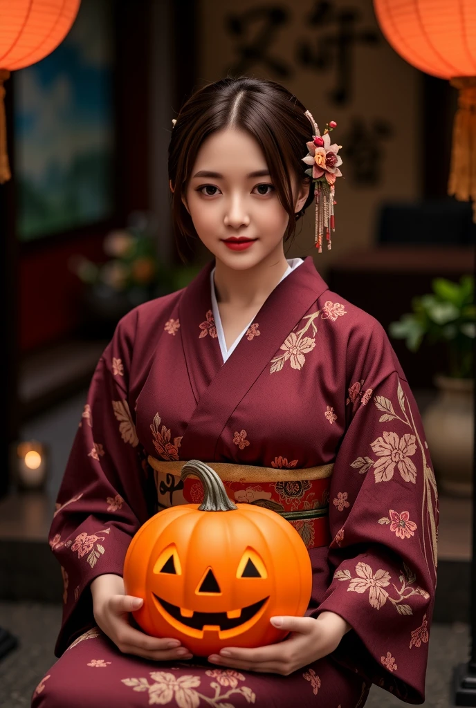 beautiful japanese woman wearing kimono sitting, jack-o'-lantern on her lap, surrealism, 8k quality, detailed eyes, detailed face, intricate kimono patterns, dramatic lighting, vibrant colors, moody atmosphere, depth of field, photorealistic, masterpiece, ultra-detailed