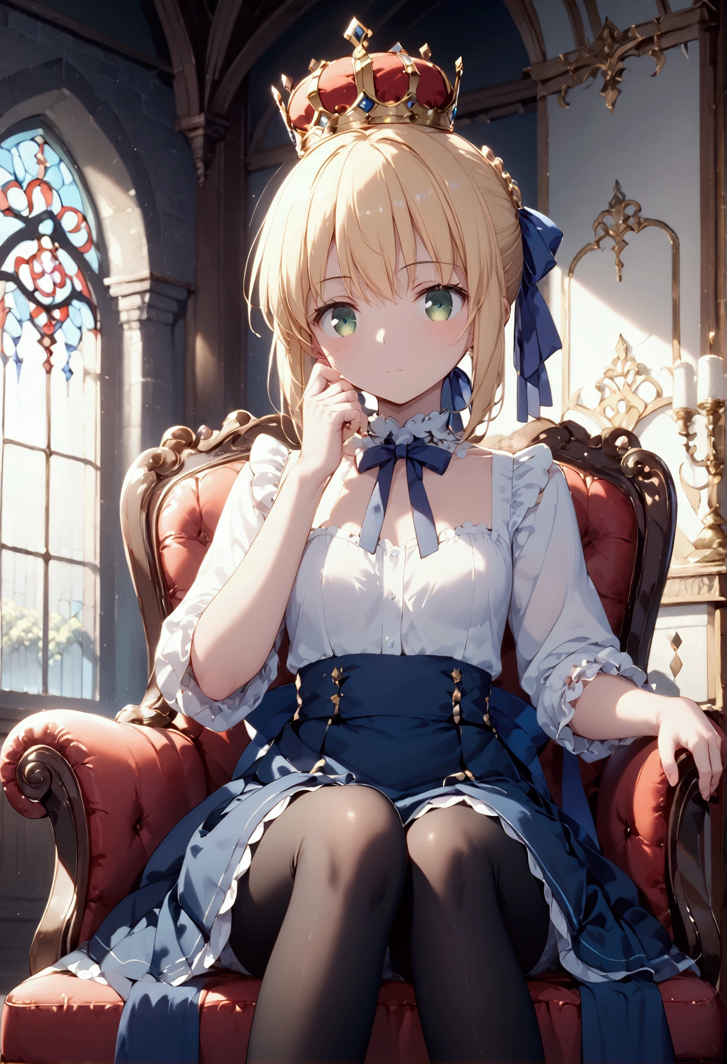   High image quality   、masterpiece、  high quality、    Kampala  、 clear、Full HD、4K、 front view、Crossing your legs、Small breasts、Blonde、Tie your hair back with a blue ribbon、Green Eyes、delicate、  stares at you、naked、Black tights、 solid white blouse、Blue short skirt、Blue ribbon on chest、Inside the castle、Sitting on the king's chair、Place your hands on the elbow rest、red baby crown in the upper right corner of the head