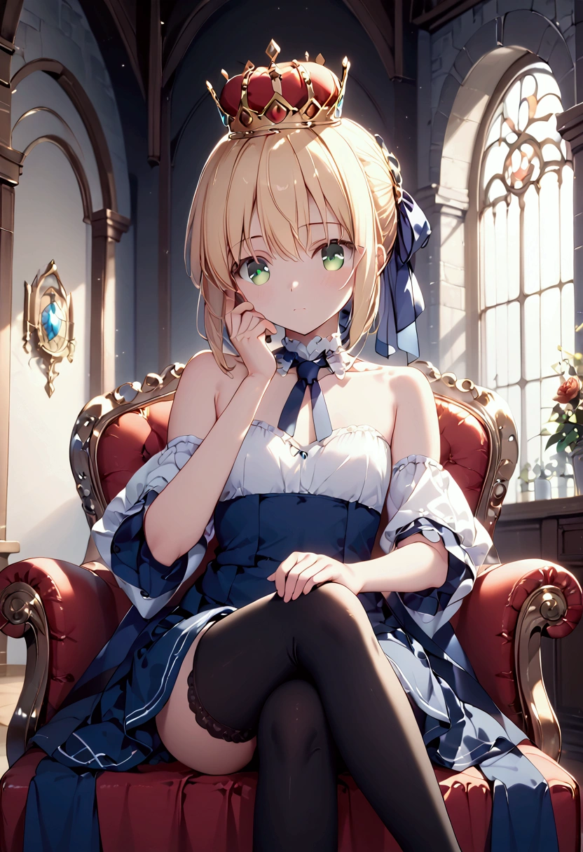   High image quality   、masterpiece、  high quality、    Kampala  、 clear、Full HD、4K、 front view、Crossing your legs、Small breasts、Blonde、Tie your hair back with a blue ribbon、Green Eyes、delicate、  stares at you、naked、Black tights、 solid white blouse、Blue short skirt、Blue ribbon on chest、Inside the castle、Sitting on the king's chair、Place your hands on the elbow rest、red baby crown in the upper right corner of the head