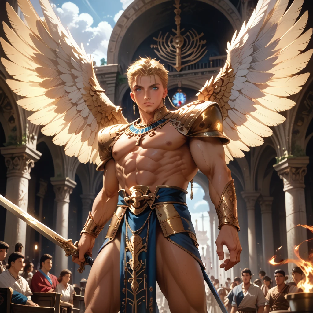 ((best quality, masterpiece, absurdres, fantasy)), male ,young man, handsome, whore, detailed (eyes), strong, sexy, Perfect face, whole body, body, tan skin, tall, muscle, with short yellow hair , blue eyes, The angel with sword, has a sword, wearing gold armor arms, wearing sexy loincloth, wearing lot of gold jewelry, angel white wings, hovering in the air, Cinema Lighting, floating in the air, has a sword, cloudy, sunlight, surrounded by yellow fire aura, celestial, Ancient Egyptian fashion, Heavenly, Anatomically correct