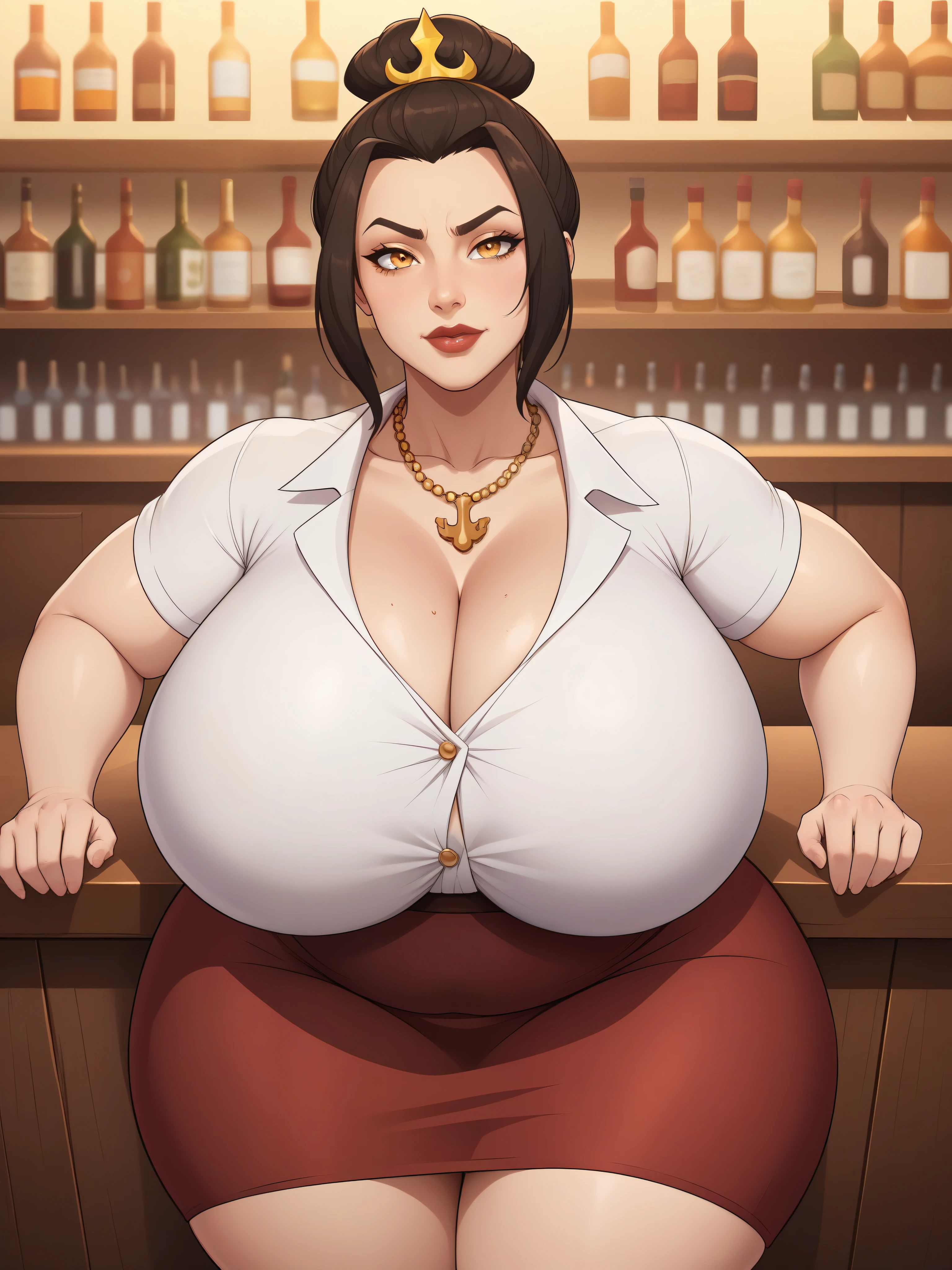 Azula, amber eyes. wavy dark brown hair strands above her shoulders. huge saggy breasts. huge hips. bbw. necklace. bow. skirt. shirt. bar. bend over
