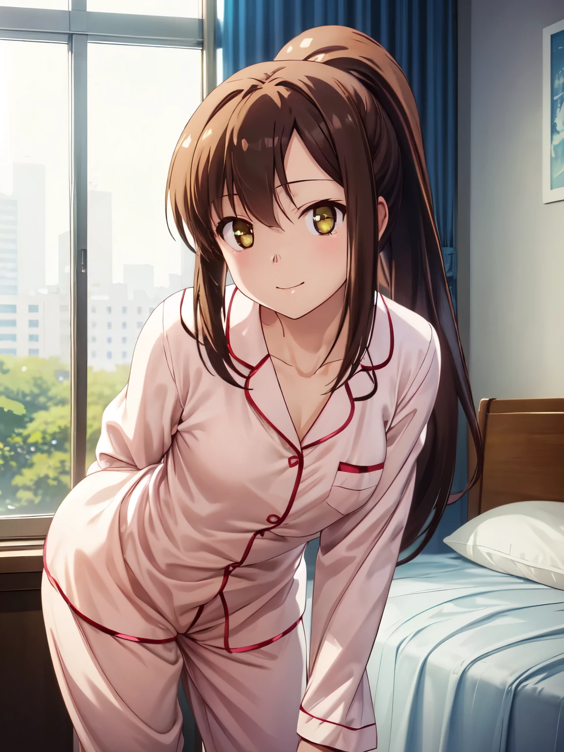 (anime:1.3),Detailed face,Detailed Description,1man,1girl,Brown hair,Two Side Up,(Teasing smile:1.3),Upward glance,From above,Office Shirt,pajamas,Cleavage,Flat breasts,(Half-open eyes,Squint eyes:1.3),(Petite,loli),bedroom,onbed,On all fours,Saddled on a man's stomach,pov,A sister straddles her brother's stomach and stares forward