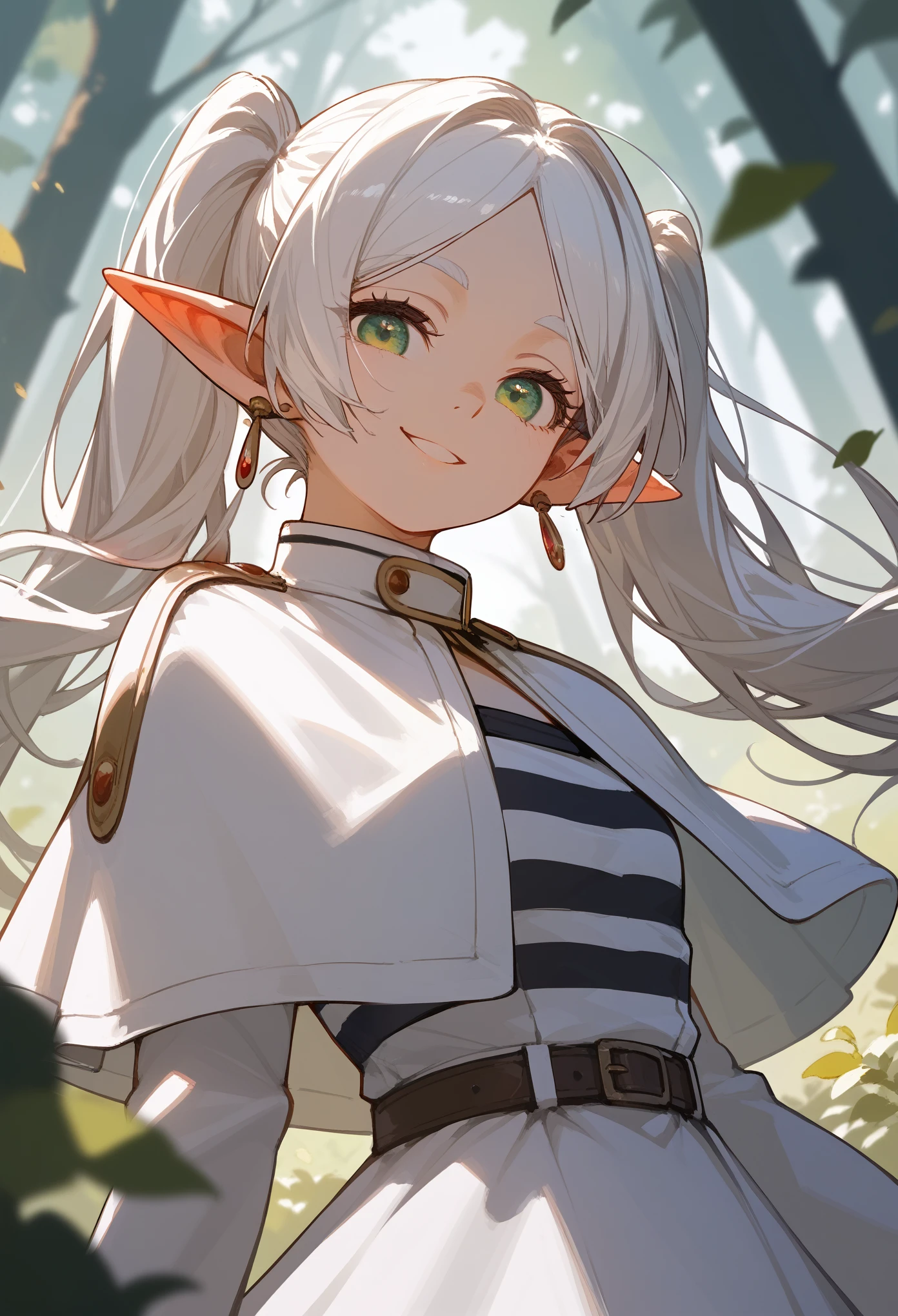 masterpiece, best quality, (score_9, score_8_up, score_7_up, score_6_up), 1girl, solo, portrait, (FrierenBase), green eyes, elf ears, pointy ears, innexpressive, small smile, head tilt, looking at viewer, white hair, long hair, twintails, earrings, white capelet, striped shirt, black stripes, long sleeves, belt, white skirt, black pantyhose, looking at viewer, forest