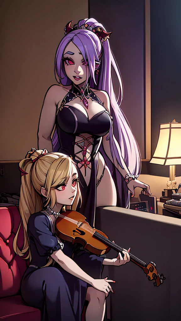 a beautiful young goddess and demoness playing violin and piano, future rap stars, masterpiece, ultra-detailed, photorealistic, octane render, dramatic lighting, intricate details, cinematic composition, vibrant colors, chiaroscuro, dark fantasy, elegant, mysterious, powerful