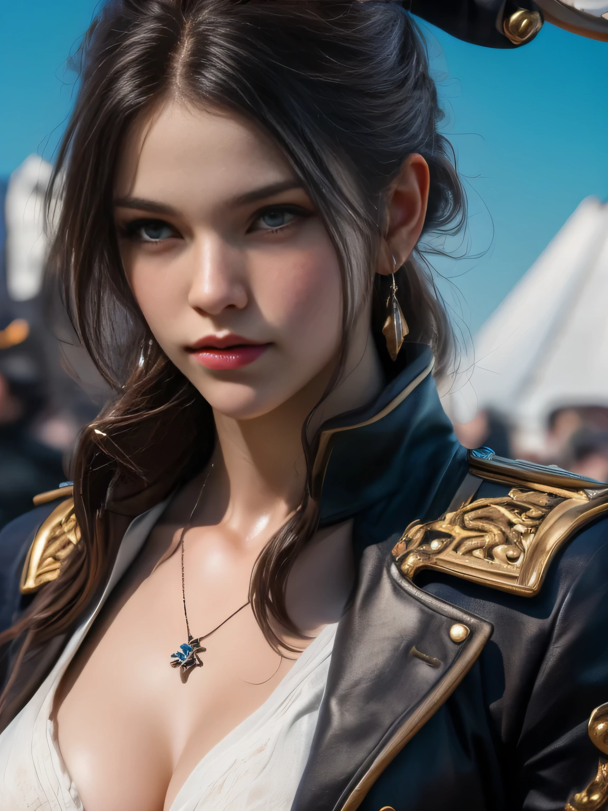 (Best Quality, Super Detail, Masterpiece, Representative Work, Official Art, Professional, Super Fine Detail, 8k:1.3), (Photorealism:1.2), (Couple, Beautiful Girl and Boy), Pirate beauty and handsome man Pirate, Handsome guy hugs beautiful girl from behind, Jolly Roger in the Sky, British Coat of Arms on the Body, Sawed-Off Shotguns, A Crowd of Thugs. They Are Not Afraid of Death, Nimble as Hell, And Stoned with a Plan, The Captain's Pride, Correct Proportions, Perfect Face, Perfect Hands, Sweet Atmosphere, Photorealistic, Sharp Focus, Dreamy Atmosphere, Delicate Details, Soft Volumetric Light), (Backlight:1.3), (Cinematic:1.2), Intricate Details, (ArtStation:1.3)