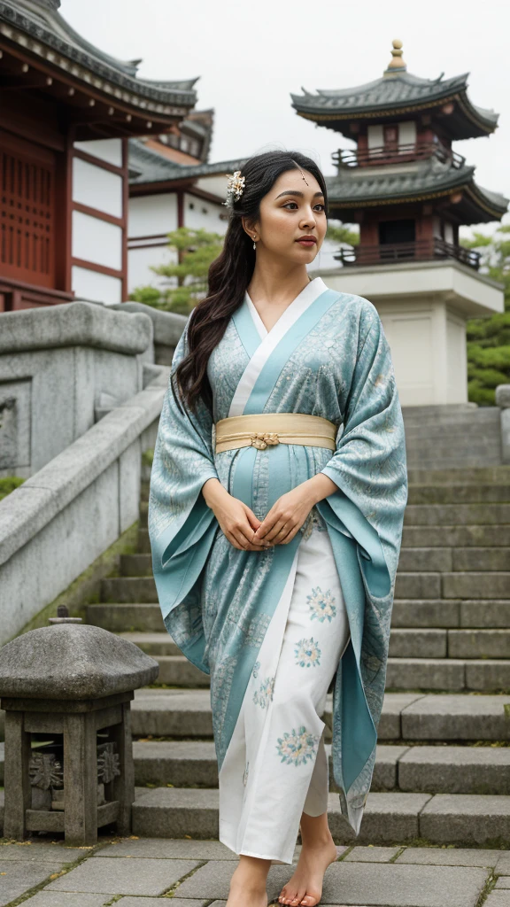 Extreme close up photo of Kiara, solo, from above, (white lily flowers), aesthetic, intricate, best quality, detailed background, wearing a patterned teal kimono:1.2)), (walking in zen garden),  casual pose, detailed textures, posing, floral print, hair flower, hair ornament, japanese clothes, kimono, obi, outdoors, pagoda, petals, (teal kimono), sash, shrine, sky, stone stairs, torii, wide sleeves, 