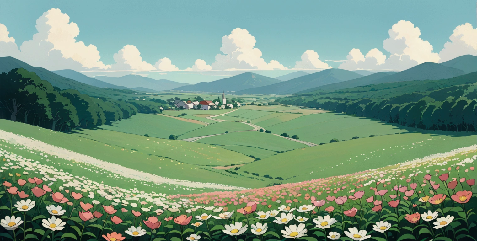 (minimalism:1.4), Lofi anime style, Studio Ghibli art, Miyazaki ,pastel , cute ,minimalist , SPIRITED AWAY From Hayao Miyazak ,No one is there , No people , Landscape , Flower field