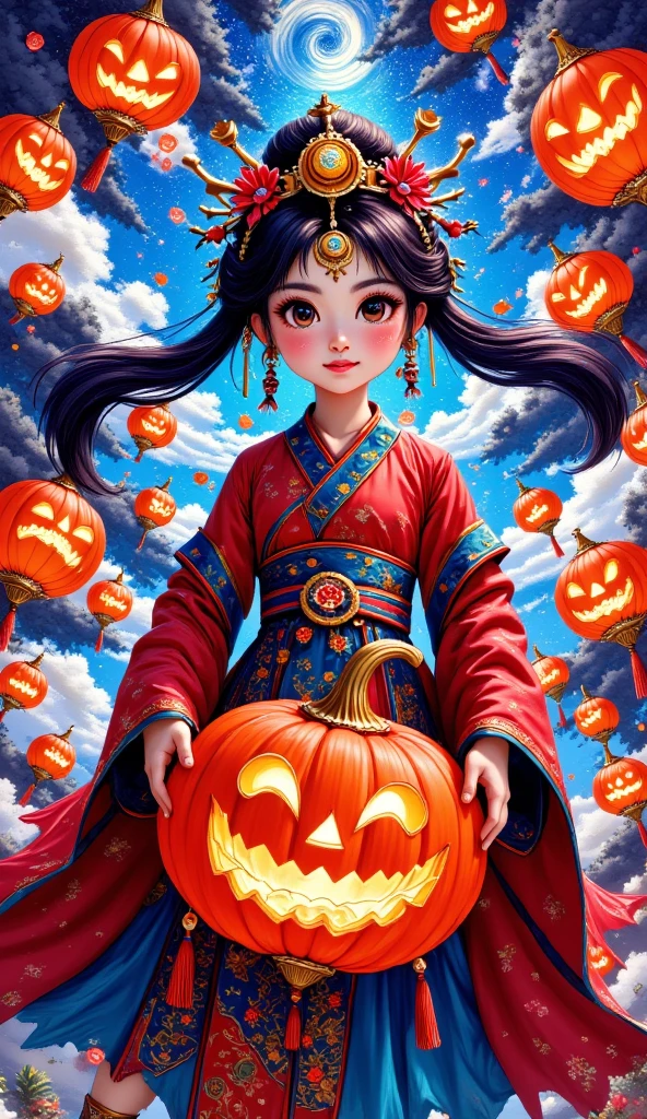 Large Peking Opera facial mask pattern background,simple atmosphere,funny pumpkin lantern carved lion headdress dress up,Chinese beautiful girl,cute and cute,girl Peking Opera facial makeup style,naughty and funny posture,small gourd waist hanging around the waist,small gourd waist showing auspicious clouds and thunder lines outline the "福" word carving,luminous particles,flowing light and shadow,movie feature,texture panorama,masterpiece,depth of field,ultra high definition,extreme detail,visual blockbuster,global illumination,