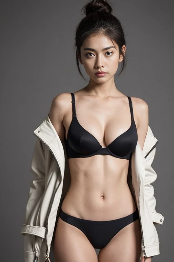 (colored picture), Photo realistic of beautiful asian、slender abs, (Highlight Haircutreast B Cup:1.2), medium breast, round shape breast, perfect shape breast,(( black fabric bra and panties )),((wearing biker jacket and biker suits, deep neck line)), As she confidently posing for camera, hair top knot, gray background, studio light setup, full body, Stand straight facing the camera, equally body, equally shoulder