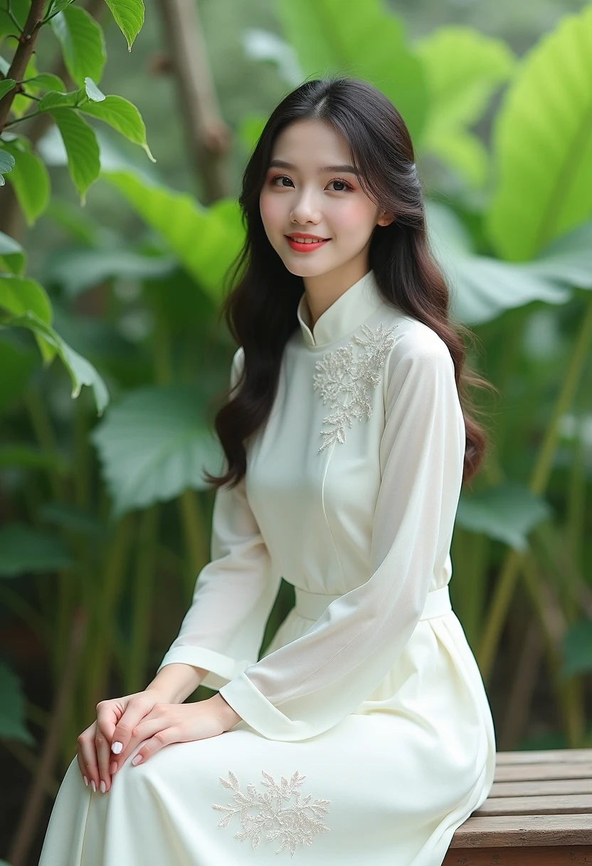 a beautiful woman wearing aoyemtrang dress, white top, white skirt, sitting on a wooden bench surrounded by lush green leaves. The background is slightly blurred, giving the image a dreamy, ethereal feel, fresh and natural, Asian features, slight smile, ultra high definition