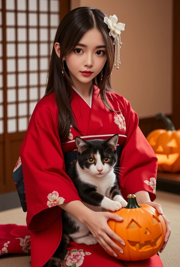 1girl, japanese woman, kimono, elegant kimono pattern, properly wearing kimono, tatami room interior, japanese architecture, jack-o'-lantern, calico cat playing with jack-o'-lantern, cute cat, surrealism, (best quality,4k,8k,highres,masterpiece:1.2),ultra-detailed,(realistic,photorealistic,photo-realistic:1.37),HDR,UHD,studio lighting,ultra-fine painting,sharp focus,physically-based rendering,extreme detail description,professional,vivid colors,bokeh