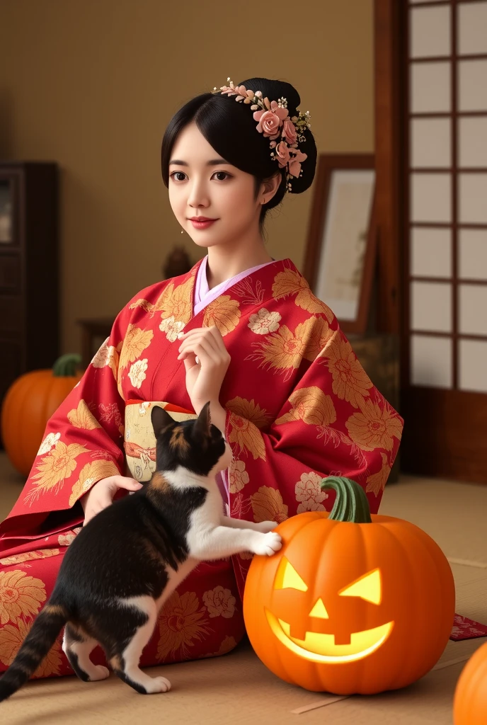 1girl, japanese woman, kimono, elegant kimono pattern, properly wearing kimono, tatami room interior, japanese architecture, jack-o'-lantern, calico cat playing with jack-o'-lantern, cute cat, surrealism, (best quality,4k,8k,highres,masterpiece:1.2),ultra-detailed,(realistic,photorealistic,photo-realistic:1.37),HDR,UHD,studio lighting,ultra-fine painting,sharp focus,physically-based rendering,extreme detail description,professional,vivid colors,bokeh