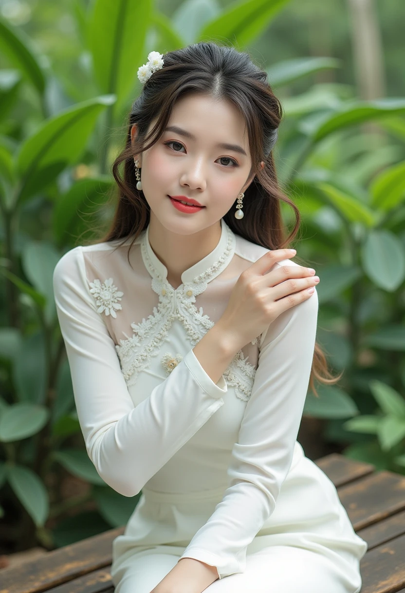 a beautiful woman wearing aoyemtrang dress, white top, white skirt, sitting on a wooden bench surrounded by lush green leaves. The background is slightly blurred, giving the image a dreamy, ethereal feel, fresh and natural, Asian features, slight smile, ultra high definition