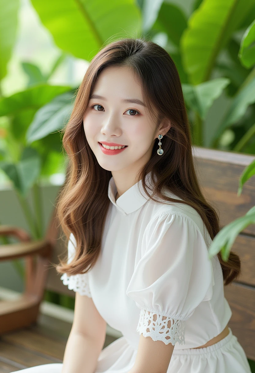 a beautiful woman wearing aoyemtrang dress, white top, white skirt, sitting on a wooden bench surrounded by lush green leaves. The background is slightly blurred, giving the image a dreamy, ethereal feel, fresh and natural, Asian features, slight smile, ultra high definition