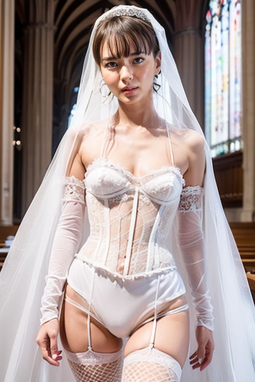 (masterpiece, Best quality, hires, A high resolution:1.2), priest сует пальцы между ног невесте, bride at a wedding in church, bridal veil, stockings, I look 100% naked, Three girls, extremely detailed, A high resolution, realistic,сексуальные длинные stockings, spread her legs, showing pussy, playful, (church, priest, guests with flowers), 