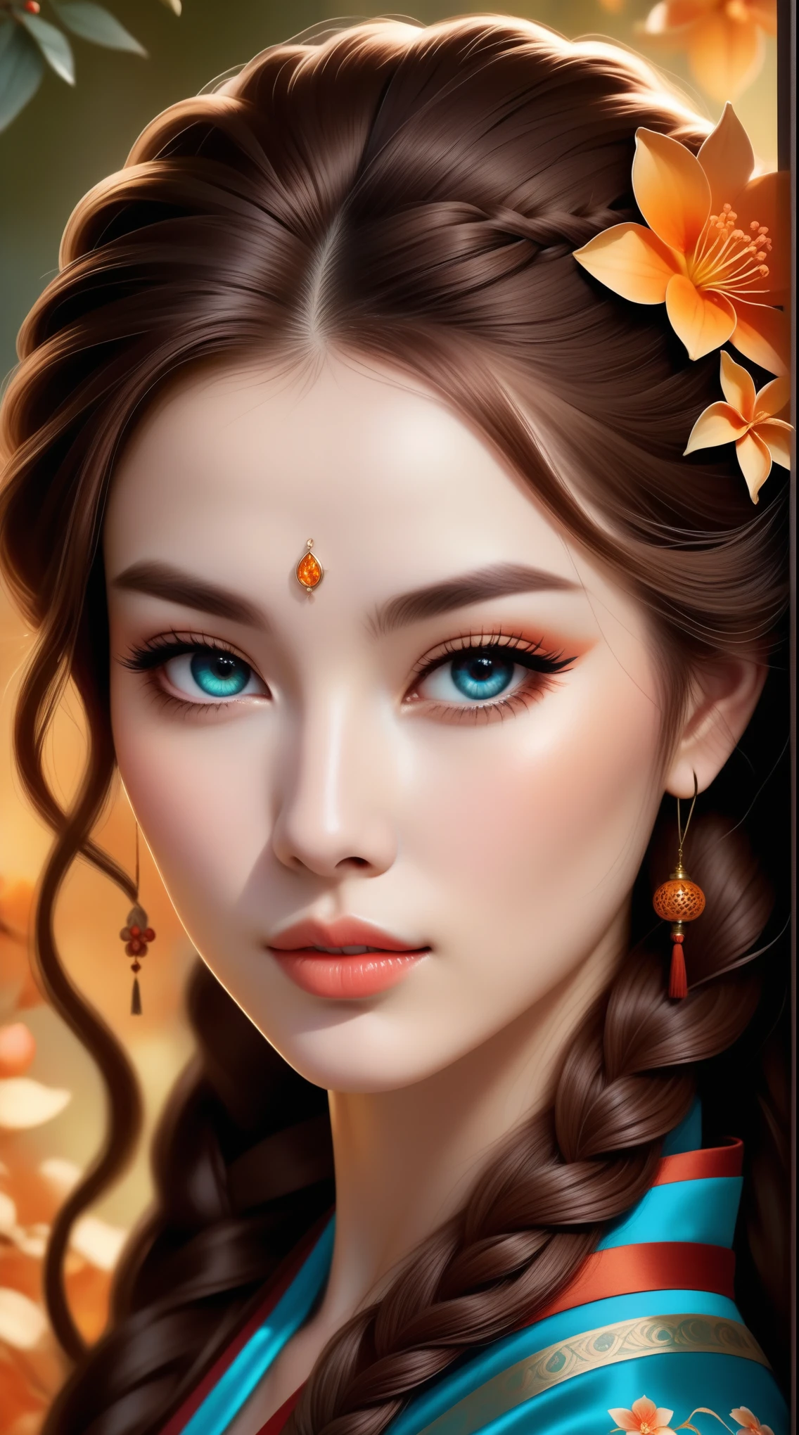 A highly detailed digital painting portrays a young woman with striking features, positioned slightly to the right of center in a close-up portrait. Her face is illuminated by warm light coming from the left side, highlighting her bright blue eyes and subtle blush on her cheeks. She has an intense gaze directed at the viewer, with well-defined eyebrows, long eyelashes, and full lips with a slight parting. Her hair, a mix of golden brown and reddish-brown strands, is styled in a voluminous side braid that runs from the back of her head over her right shoulder, adorned with vibrant orange and red flowers. The braid features intricate highlights and shadows, adding depth and dimension. Strands of hair frame her face, contributing to the ethereal quality. She wears a traditional teal robe with intricate patterns and designs, featuring a deep V-neckline with a white inner lining and a hint of lavender blue. The fabric drapes elegantly over her body, emphasizing its smooth texture and folds. The background showcases an abstract setting filled with warm hues of amber yellow, burnt orange, and deep reds, suggesting a magical or fantasy environment. Faint lights resembling lanterns or fairy lights glow amidst blurred floral elements and trees in rich autumnal colors like crimson red and forest green. Vertical strings or branches adorned with bright orange blossoms add to the mystical ambiance. Chinese characters 'full of full moon' (meaning "moon and sun") are written vertically on the left side of the image in white cursive script, enhancing the fantastical theme. At the bottom right corner, there's a transparent overlay containing the text 'Playground.com' in white bold sans-serif font. The overall mood is serene yet mysterious, enhanced by the high contrast between the subject and the softly lit background, creating a captivating and otherworldly atmosphere