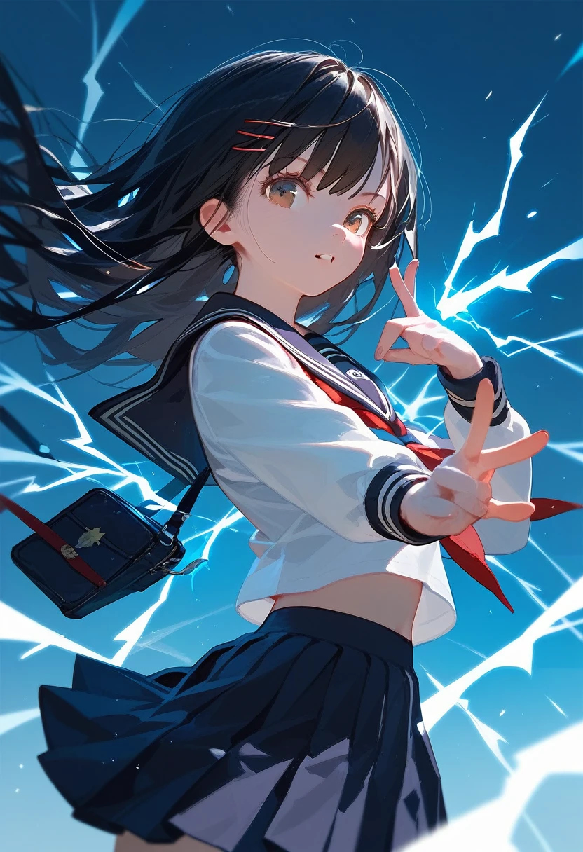 Score_9,Score_8_up,Score_7_up,highest quality,detailed,1 beautiful 18yo girl,JK,slim,(black_long_hair,straight_bangs),(wearing school uniform:1.2),(perfect anatomy),wearing electricity,(shooting electric beams from her fingertips,finger_gun shooting pose:1.2)