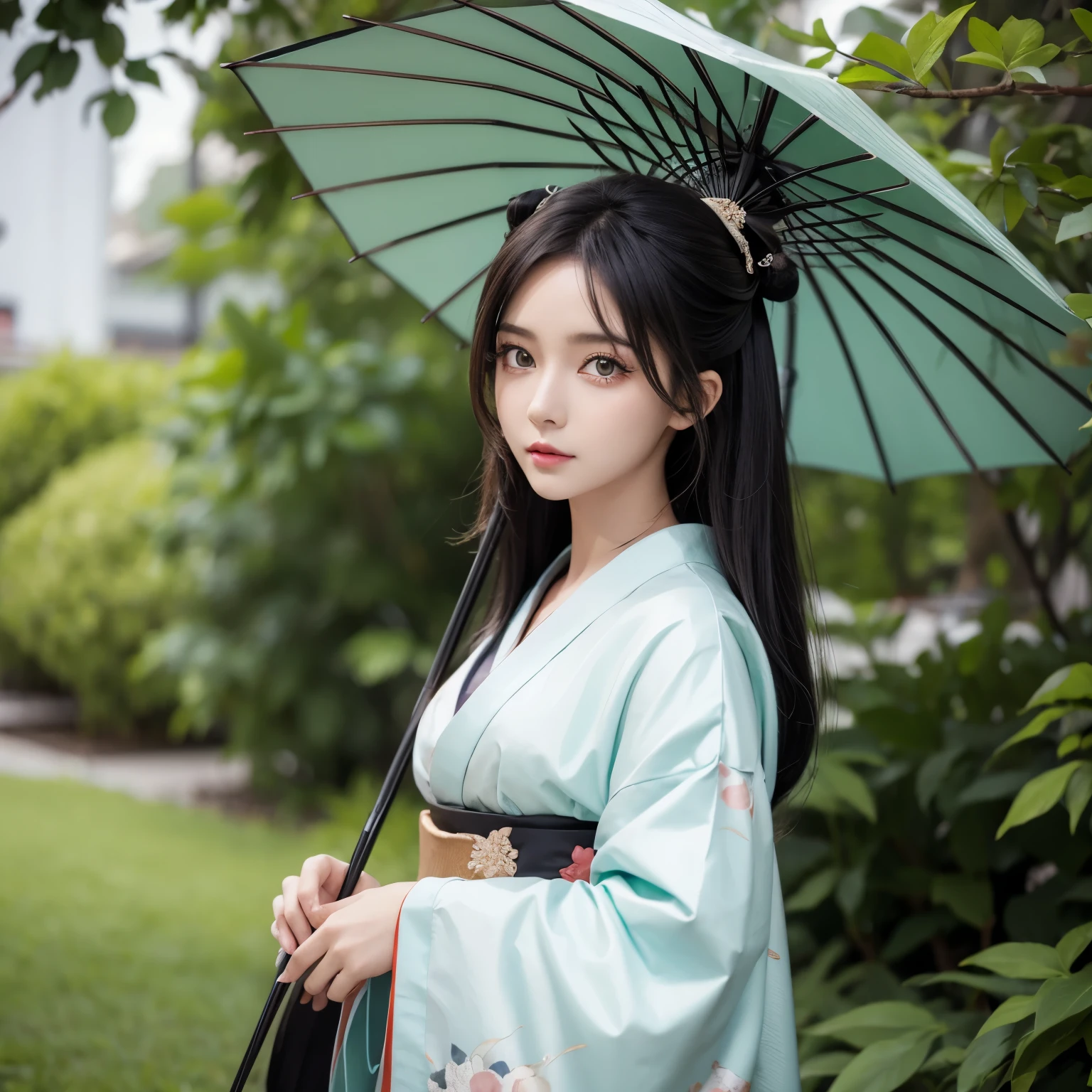 Anime dark skin geisha green eyes holding umbrella, 