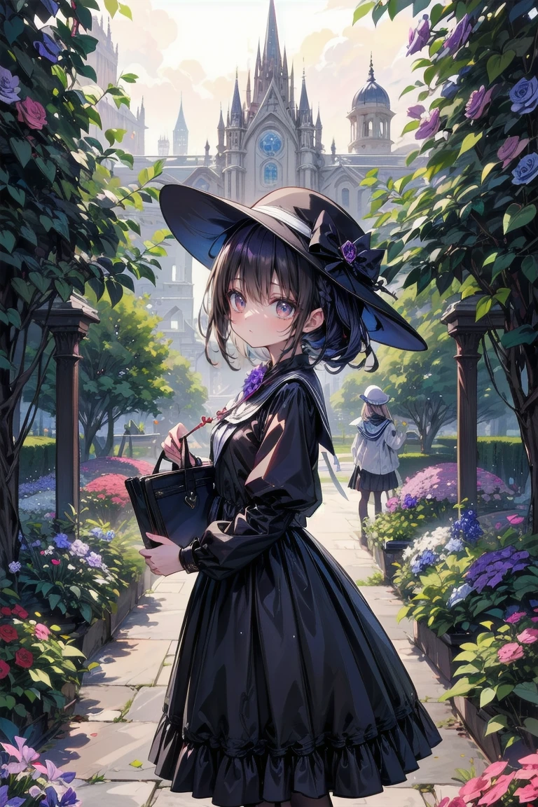 ネオゴススタイルのgirl, Wearing a black dress and a white collar,  wearing a black hat 、Wearing heavy makeup, Standing in a mysterious garden surrounded by vines. The garden is full of deep purple flowers.、Gothic architecture in the background。. girl&#39;Iの髪は黒色、Her hair is in a long braid.、A red rose is pinned to her side。. Her eyes are sharp、It&#39;Stabbing., Thick black eyeliner and long eyelashes. She has pale skin.、Lips bright red.. The atmosphere is gloomy and eerie, Dim lighting casts long shadows. This piece combines digital illustration and photography.., result、そのresult、Incredibly high resolution images。. Most colors are dark、I&#39;gentle, Deep reds and purples create a dark beauty.. The style of the whole image is neo-gothic., Horror,   Portrait Photography , Create a unique and engaging visual experience.Dark Imagery