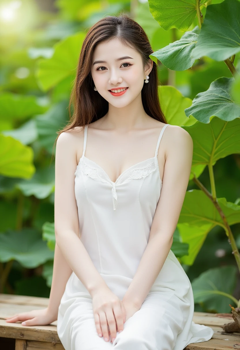 a beautiful woman wearing aoyemtrang dress, white top, white skirt, sitting on a wooden bench surrounded by lush green leaves. The background is slightly blurred, giving the image a dreamy, ethereal feel, fresh and natural, Asian features, slight smile, ultra high definition