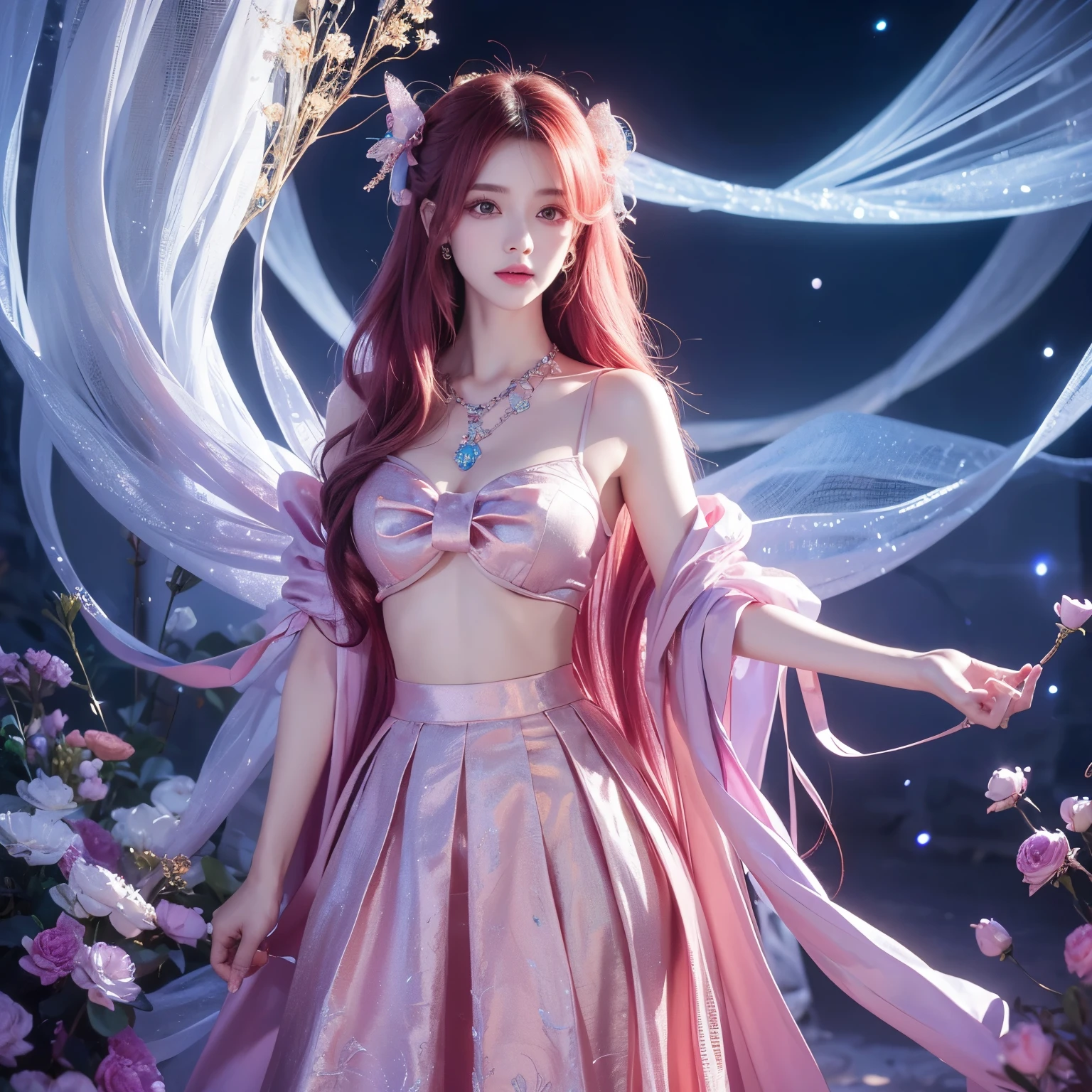 1 Girl, Long_hair, Bright_hair_color, Tempting_Eye, mystery_Express, Mature_Appearance, charming_Full set of clothing, flow_skirt, Elegant_Jewelry,  intricate_decorate, magic_symbol, Luminescence_Accessories, potion, reel, Lovely_accent, bow, Ribbon, Flowers,