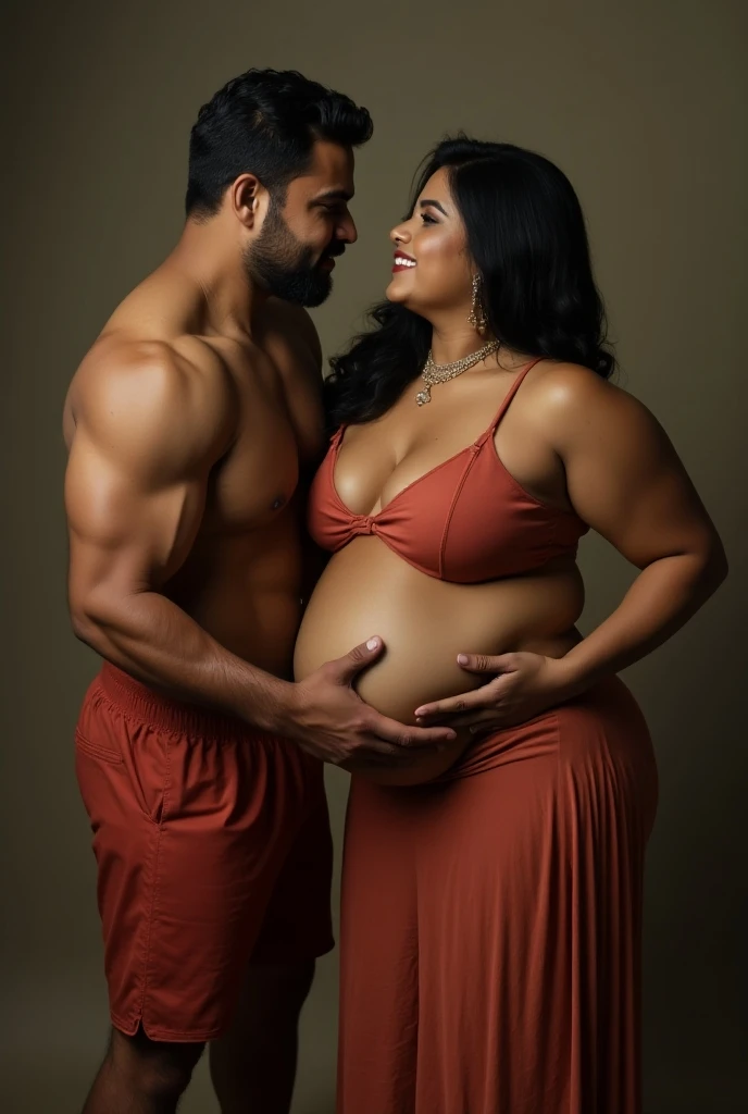One South Indian 30 year old chubby heavy woman with big breast, big ass, perfect body, wearing nothing complete nude, hugging a three 26-year old handsome man with beard, three man and one woman, detailed, squeezing woman breast hard and touching ther own penis.