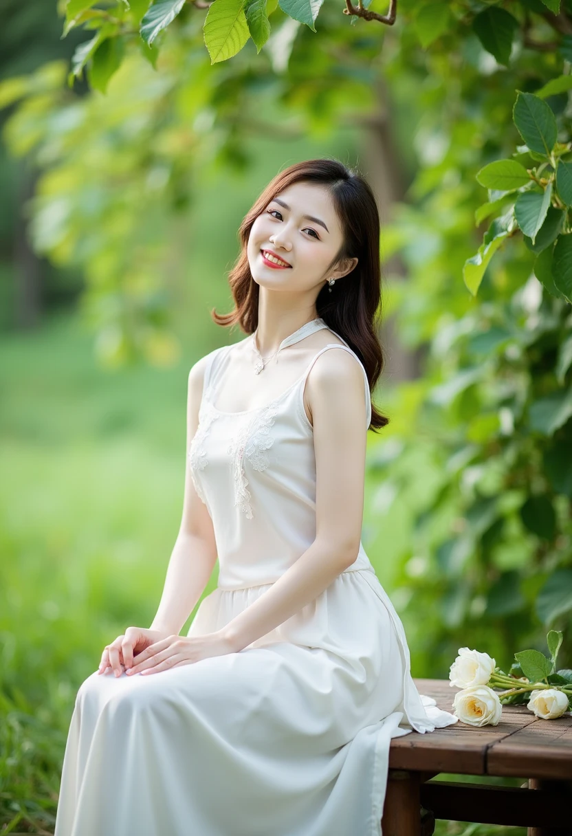 a beautiful woman wearing aoyemtrang dress, white top, white skirt, sitting on a wooden bench surrounded by lush green leaves. The background is slightly blurred, giving the image a dreamy, ethereal feel, fresh and natural, Asian features, slight smile, ultra high definition