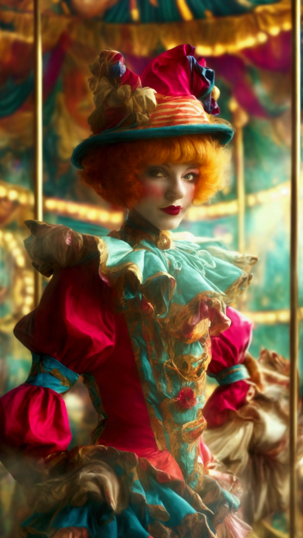 A detailed, old-fashioned circus with clowns, wild animals, and acrobats, 1920s style, highly detailed, dramatic lighting, vivid colors, cinematic composition, beautiful costumes, photorealistic, professional 3D render