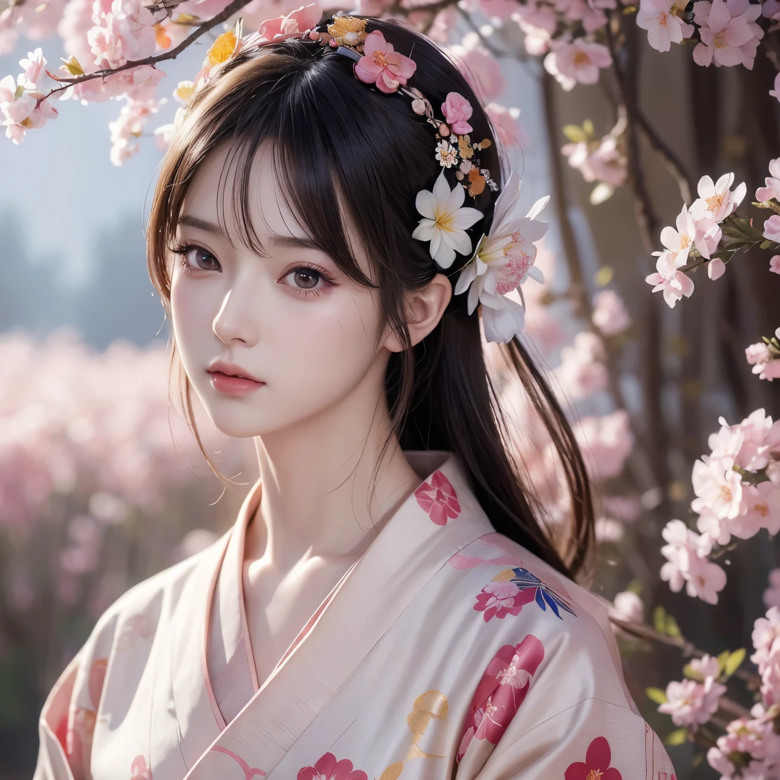 Woman in kimono with flowers on her head , Beautiful digital artwork, Beautiful digital illustrations, Beautiful digital painting, Gorgeous digital painting,  Antique style art ,   realistic anime girl rendering , Smooth anime CG art , Beautiful digital art, Great digital art, Rich in Details ,  Stunning digital illustrations ,   detailed digital anime art  , April Rendering, Beautiful anime portrait