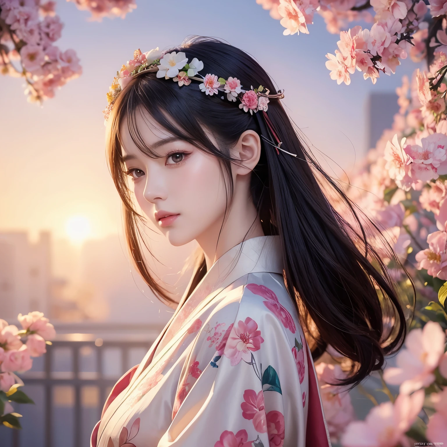 Woman in kimono with flowers on her head , Beautiful digital artwork, Beautiful digital illustrations, Beautiful digital painting, Gorgeous digital painting,  Antique style art ,   realistic anime girl rendering , Smooth anime CG art , Beautiful digital art, Great digital art, Rich in Details ,  Stunning digital illustrations ,   detailed digital anime art  , April Rendering, Beautiful anime portrait