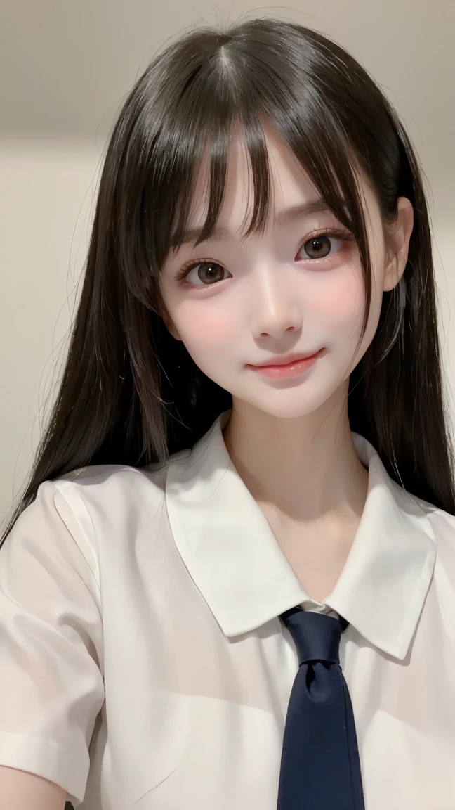 (baby face:1.8)、Selfie:1.5、(formal White Y-shirt:1.5)、(school uniform:1.5)、(8k, RAW Photos,  best quality , masterpiece:1.45), (Genuine, photoGenuineistic、photoGenuineistic:1.37), 一人のgirl、cute、darkness、Wet、 Professional Lighting、  Photon Mapping  、 physically based rendering 、 グラデーションのBlack Hair 、frizzy hair 、Good Looking、girl、  best quality  photos, high res, (cute face), (Detailed description of the face)、(Detailed hand description), (masterpiece), (Detailed CG), Extreme light and darkness, masterpiece, Rich details, (  detailed facial features ), ( best quality の紴), (masterpiece), (  beautiful eyes), I can see the camera , Thin clavicle, ( smiles like a condescending smile )、 Highly Detailed Face ,Lip details,  beautiful eyes、double eyelid、韓国人のgirl:1.8、No makeup、Upper body image、 Black Hair 、Genuineの人間