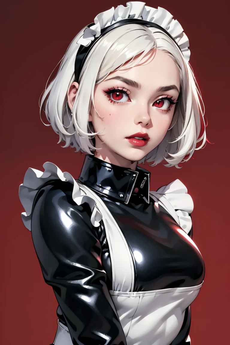 (best lighting) (best quality, masterpiece:1.2), (absurdres), portrait, alluring, ethereal, flirtatious, woman, ((very short, messy, cropped, boyish, white hair), ((red eyes)), (detailed eyes), ((glossy, shiny, red lipstick)), full lips, ((black latex maid outfit)), ((thick, metal collar)), high fashion, (slim),( small breasts), wide hips, bold red background, abstract background, soft lighting, hazy, cinematic