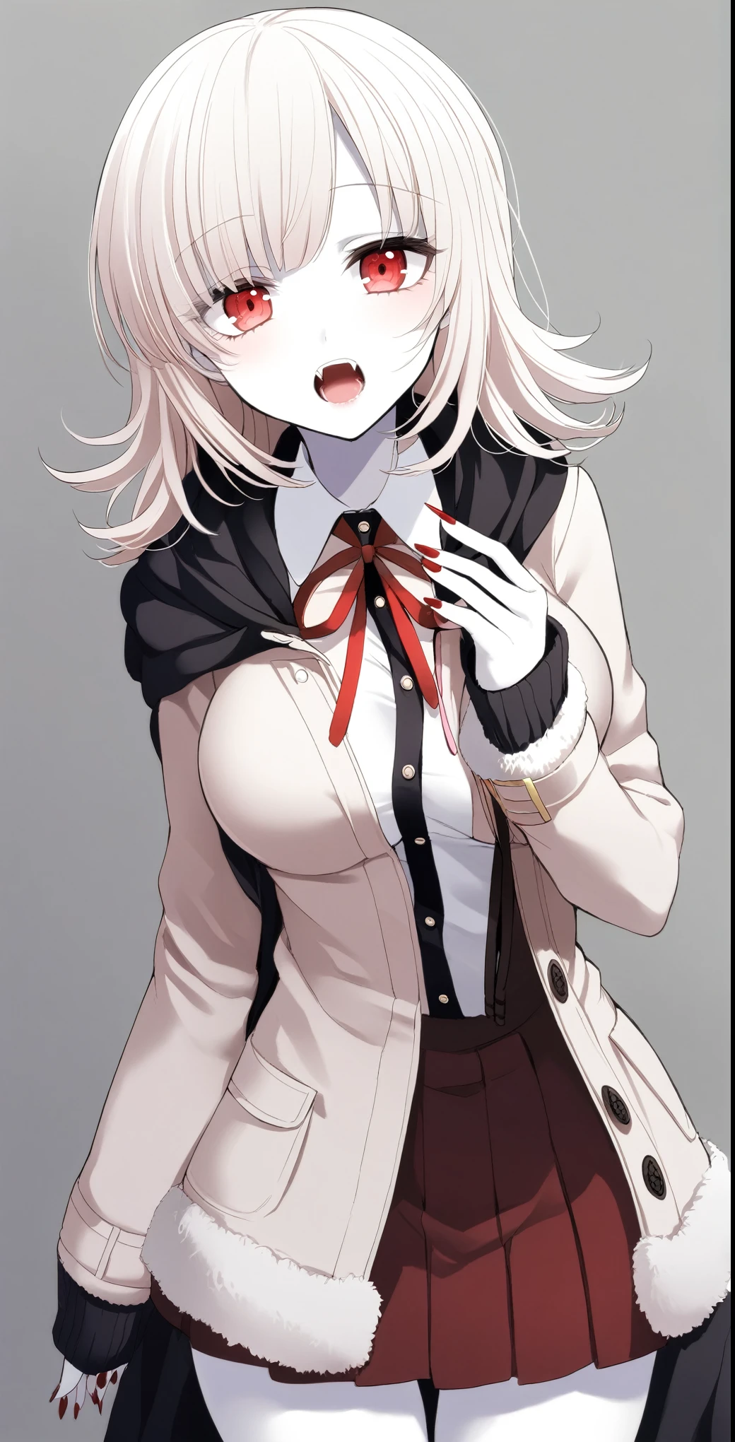 1 Girl、Vampire Chiaki Nanami、 Red Eyes、Fangs growing、high school student、pure white and pale skin、 pure white hair、Mid-winter clothes、Midwinter clothes、Height 150〜170 cm or more、Vampire Academy Students、Red nails、slightly pointed nails、Slightly large breasts、The chest is hidden