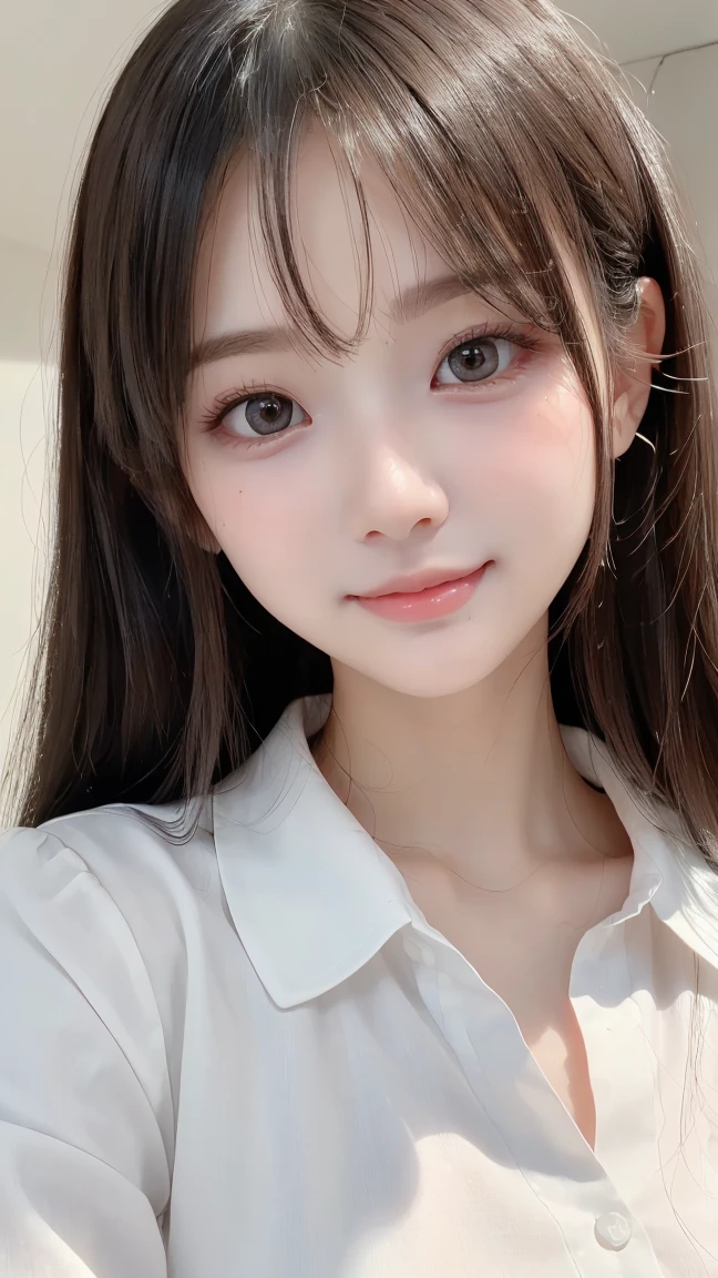 (baby face:1.8)、Selfie:1.5、(formal White Y-shirt:1.5)、(school uniform:1.5)、(8k, RAW Photos,  best quality , masterpiece:1.45), (Genuine, photoGenuineistic、photoGenuineistic:1.37), 一人のgirl、cute、darkness、Wet、 Professional Lighting、  Photon Mapping  、 physically based rendering 、 グラデーションのBlack Hair 、frizzy hair 、Good Looking、girl、  best quality  photos, high res, (cute face), (Detailed description of the face)、(Detailed hand description), (masterpiece), (Detailed CG), Extreme light and darkness, masterpiece, Rich details, (  detailed facial features ), ( best quality の紴), (masterpiece), (  beautiful eyes), I can see the camera , Thin clavicle, ( smiles like a condescending smile )、 Highly Detailed Face ,Lip details,  beautiful eyes、double eyelid、韓国人のgirl:1.8、No makeup、Upper body image、 Black Hair 、Genuineの人間