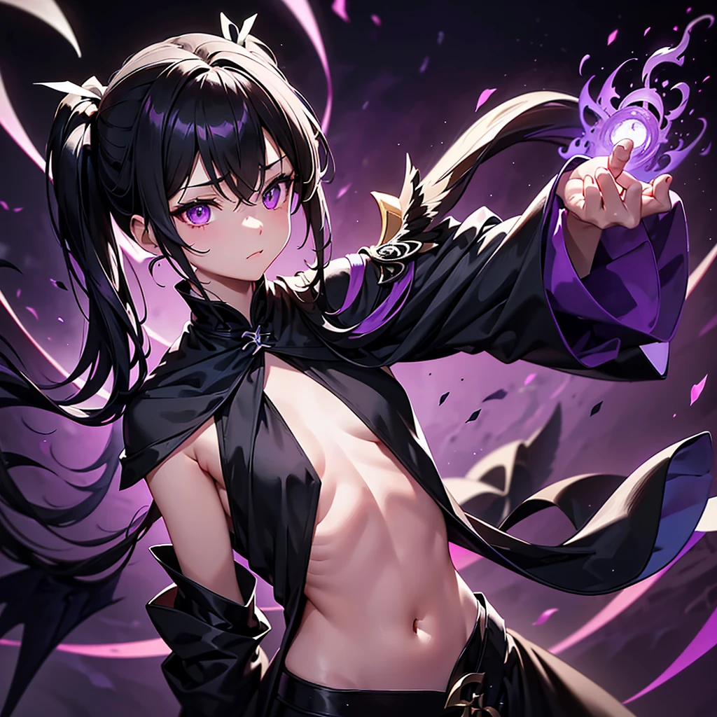 ((Alone))1 .9(long side ponytail 1.8)((small breasts1.*****ung Body 1.2、Long black hair 1.5、Purple Eyes 1.5、1 dressed in worn out black wizard clothing.8、 big winged angel wizard girl with a black-purple flame bow Metatron 1.3、