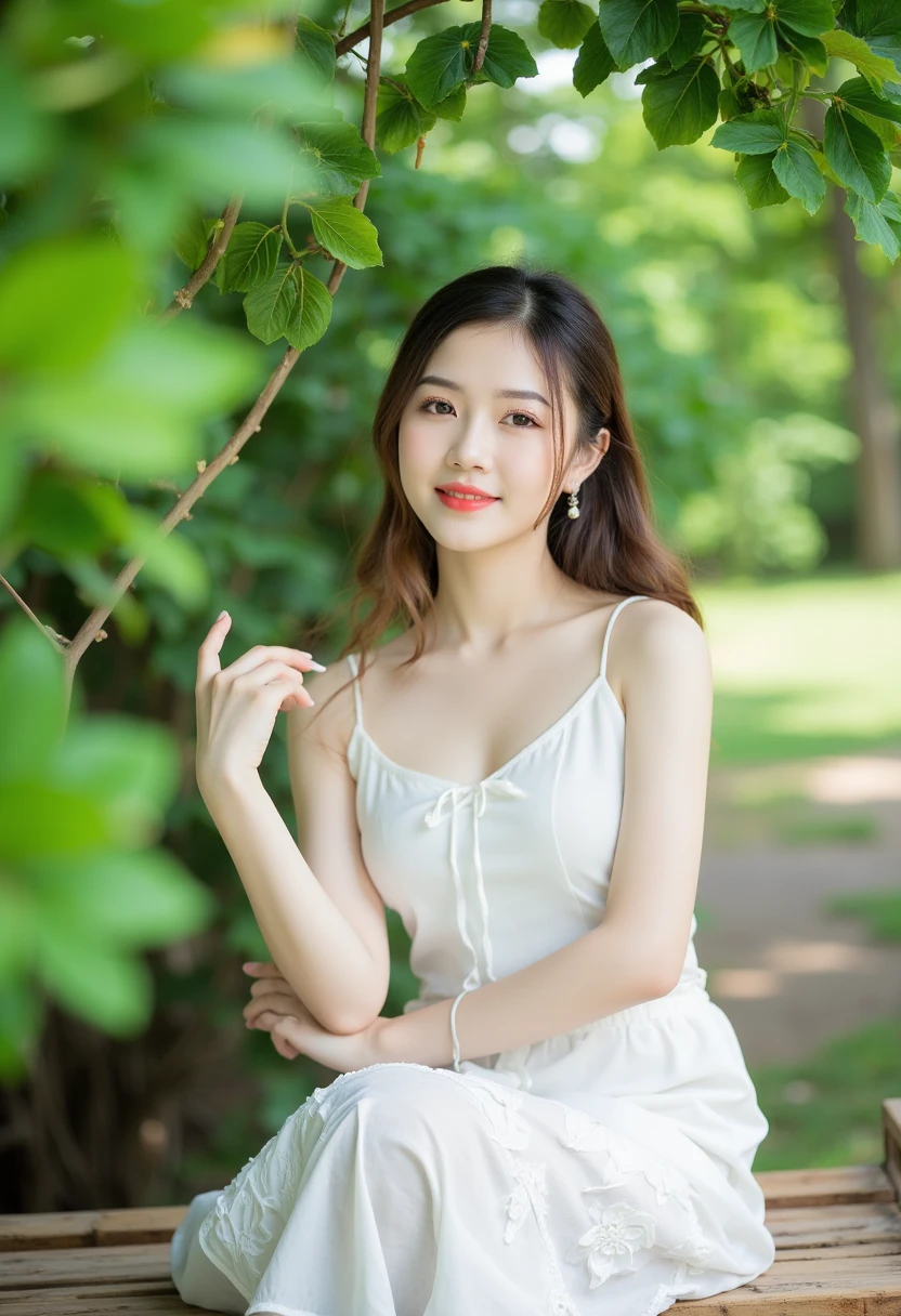 a beautiful woman wearing aoyemtrang dress, white top, white skirt, sitting on a wooden bench surrounded by lush green leaves. The background is slightly blurred, giving the image a dreamy, ethereal feel, fresh and natural, Asian features, slight smile, ultra high definition