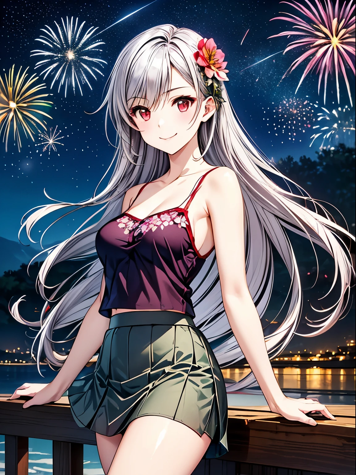  best quality ,  Kampala ,One Girl、Alone、Closed Mouth、smile、 Kampala、( anime illustration style:1.2)、 Inglis Yueks ,solo,Charming red eyes、Shining Eyes:1.2、Attractive silver hair  ,Beautiful long hair、 attractive look 、(Cherry blossoms at night 、Starry Sky)、firework、(Large flowers blooming in the night sky_firework:1.5)、Attractive eyes、stroll,(  camisole、skirt:1.3),(Realistic, Genuine, Genuine的、 Realistic),  best quality 、  cowboy shot,