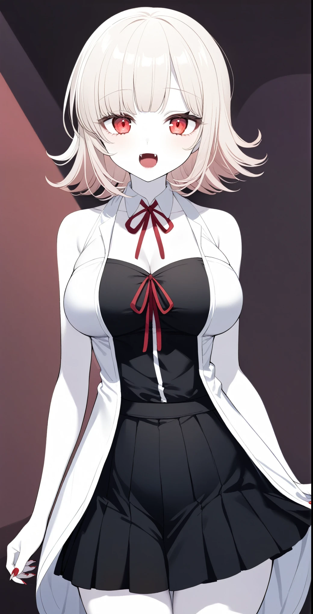 1 Girl、Vampire Chiaki Nanami、 Red Eyes、Fangs growing、high school student、pure white and pale skin、 pure white hair、Midsummer clothes、Midsummer clothing、Height 150〜170 cm or more、Vampire Academy Students、Red nails、slightly pointed nails、Slightly large breasts、The chest is hidden