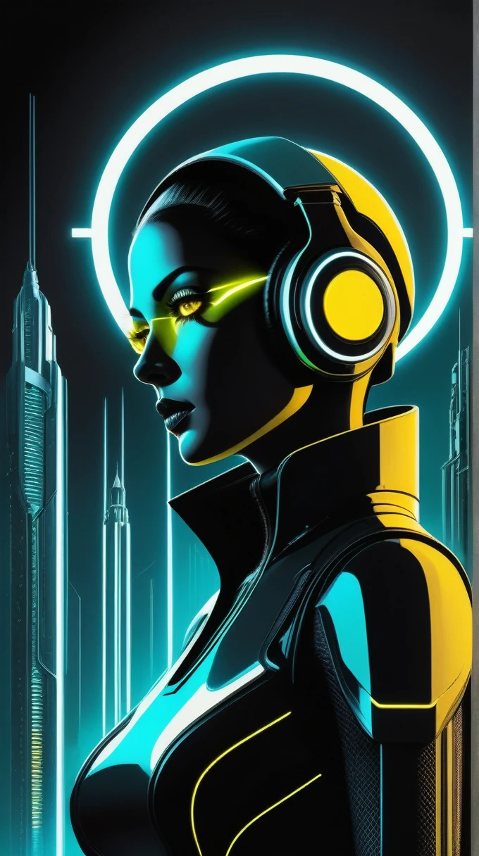 A movie poster illustration in the style of futuristic cyberpunk art, featuring a central female android character with an olive green metallic body. The android stands facing forward with a neutral expression, its smooth, shiny surface reflecting light. She has large, round yellow eyes emitting a soft glow, and wears headphones on her head. Her form is sleek and low-cut, emphasizing her artificial nature with exaggerated features. Surrounding her are dynamic yellow spiral energy fields that create a sense of movement and advanced technology. These concentric rings emanate from her head down to her waist, arms, and legs, forming a halo effect around her upper body and torso. The background showcases tall, cylindrical industrial structures rendered in monochromatic grayscale tones, creating a stark contrast against the black backdrop. These towers feature intricate mechanical details such as pipes, panels, and rivets, adding depth and complexity to the scene. Small circular lights and segments adorn the sides of these towers, resembling circuitry or nodes. Above the android, the title 'METROPOLIS' is prominently displayed in bold, uppercase yellow letters with a retro-futuristic sans-serif font. Below the figure, 'FRITZ LANG 1927' is written in matching yellow letters, extending horizontally across the bottom of the poster. The text extends from the center towards the edges, flanked by extended horizontal lines on either side. A small white watermark reading 'playground.com' is visible in the bottom right corner. The overall composition is symmetrical, centered, and visually striking, with high contrast between the bright yellow elements and the dark background, evoking a mysterious and futuristic mood reminiscent of early 20th-century science fiction cinema.