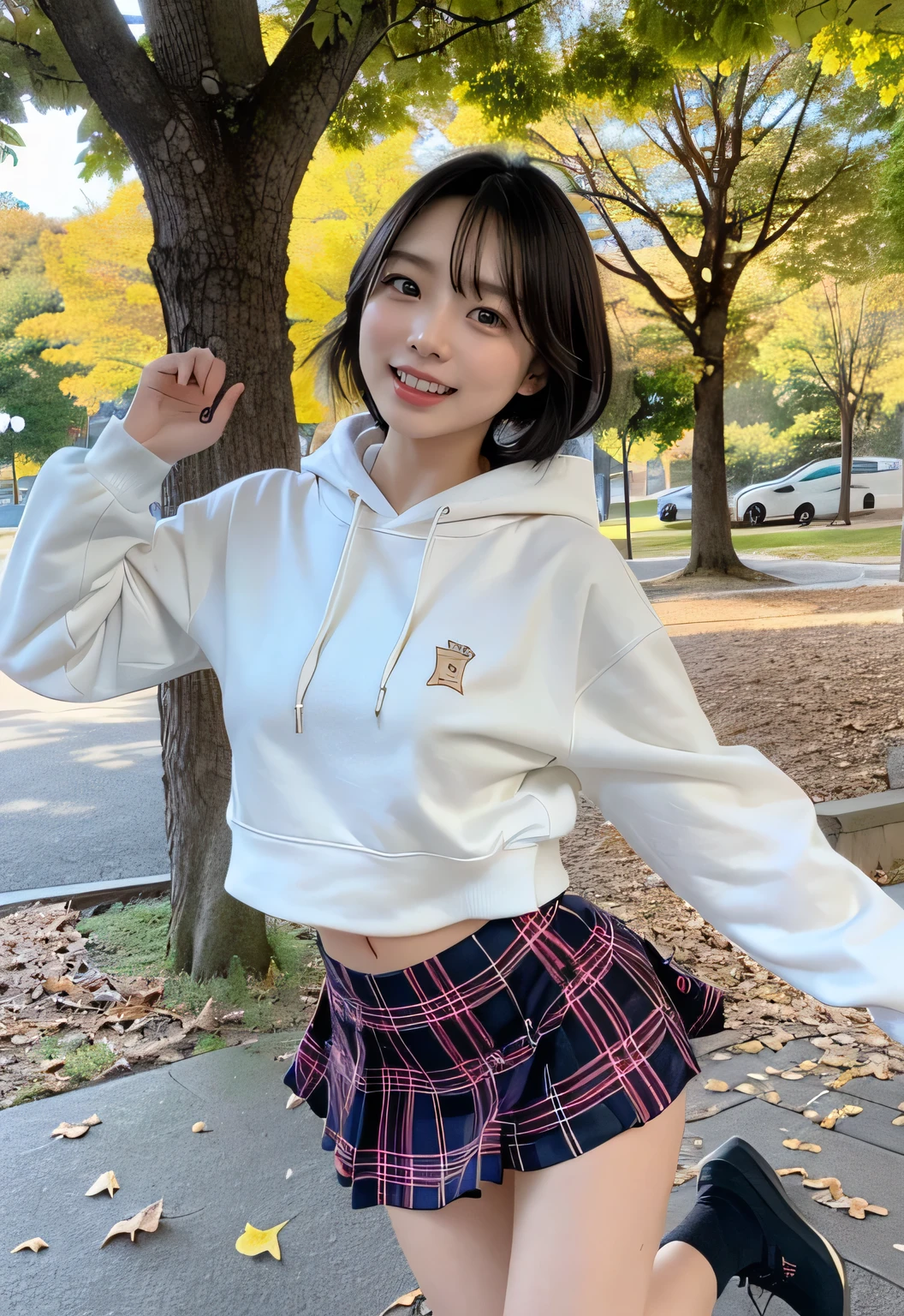 extremely detail, A young woman with middle short black hair wears a cozy oversized hoodie and a simple, chic flared skirt as she leaps joyfully from a low step in a vibrant park. The moment captures her mid-air, her hair flowing and the skirt elegantly flaring out around her. She has a bright smile, radiating energy and excitement. The background is filled with colorful autumn leaves and soft sunlight filtering through the trees, creating a lively and cheerful atmosphere. The playful expression on her face emphasizes her carefree spirit, making the scene feel dynamic and fun.